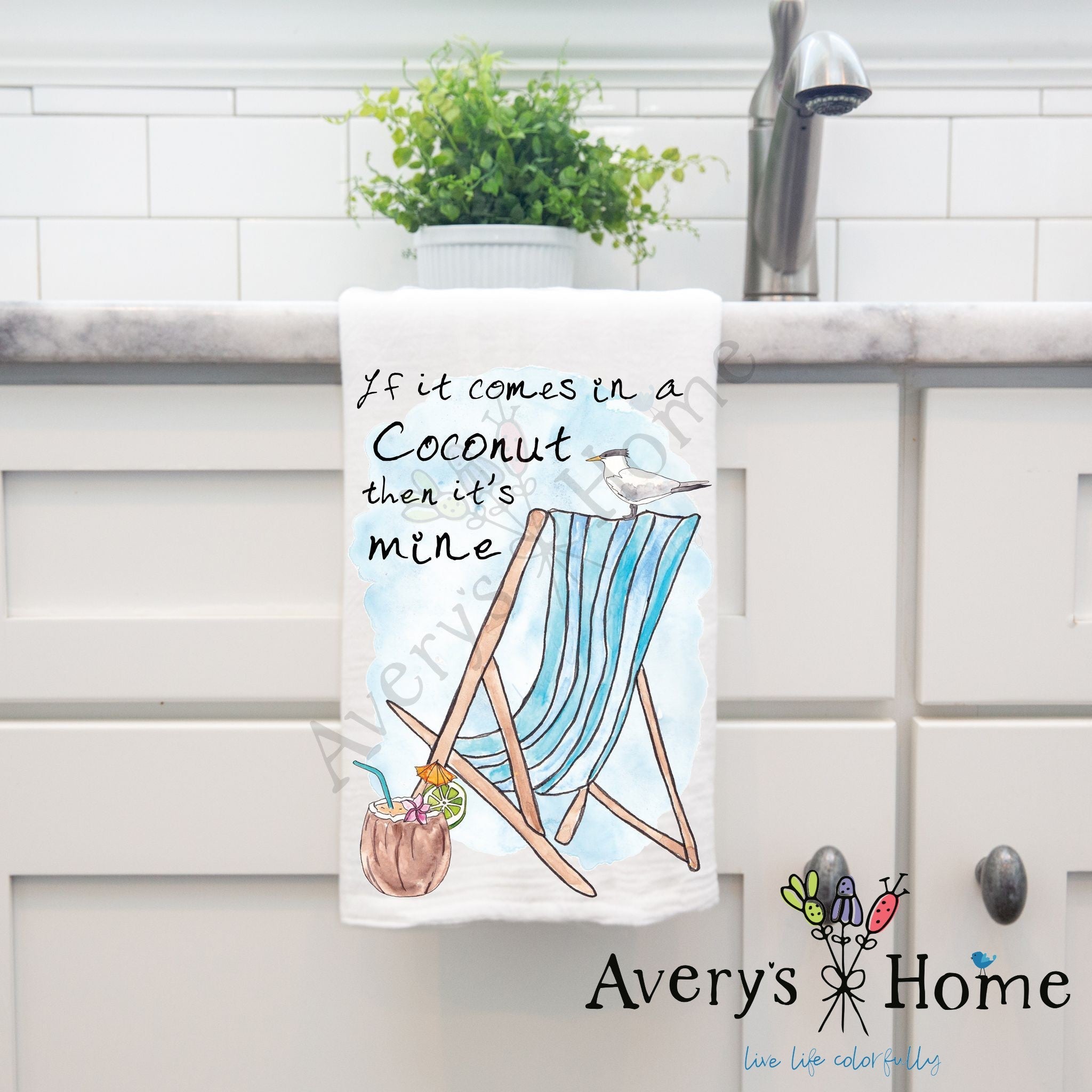 In a Coconut it's Mine dish towel hanging by kitchen sink