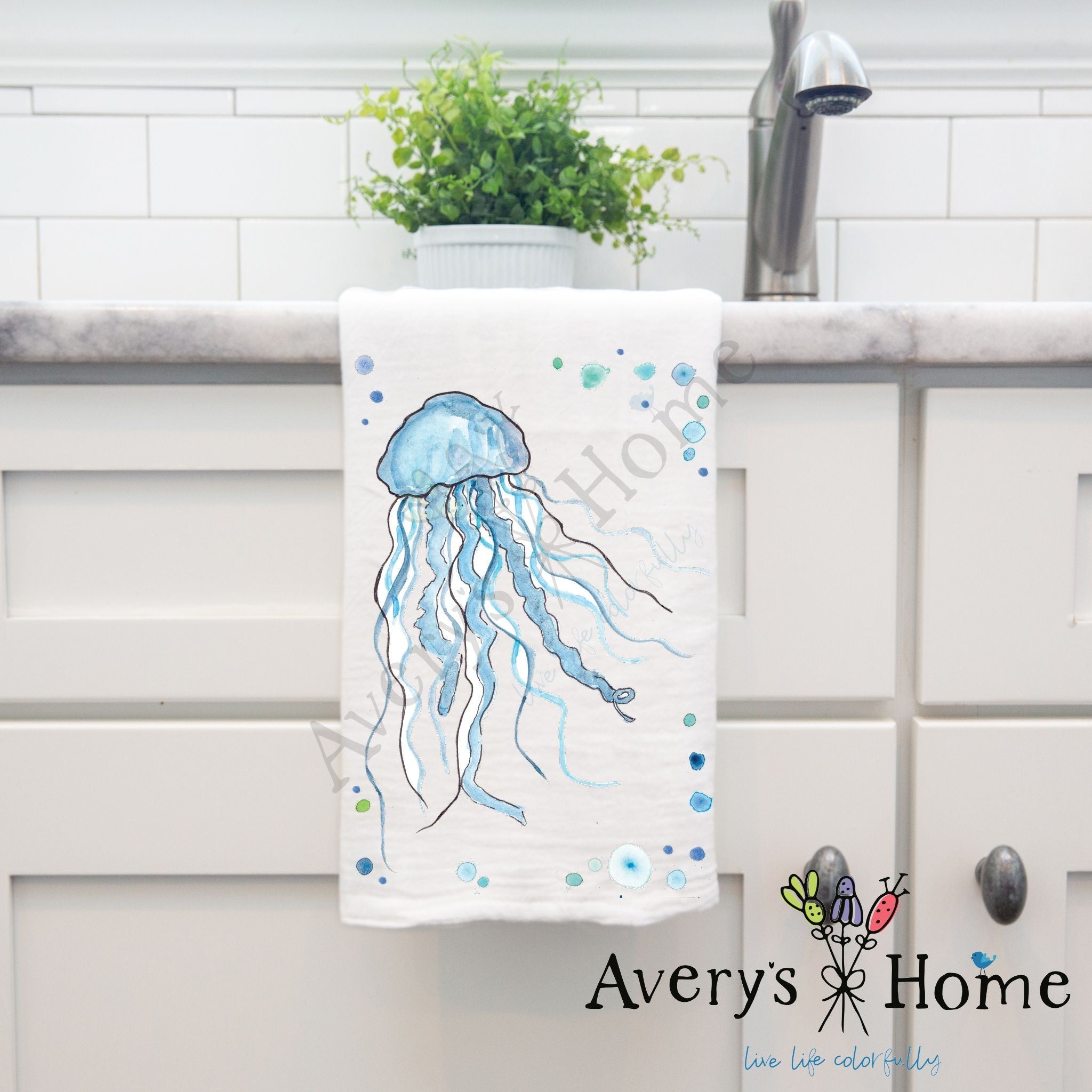 Jellyfish dish towel hanging by kitchen sink