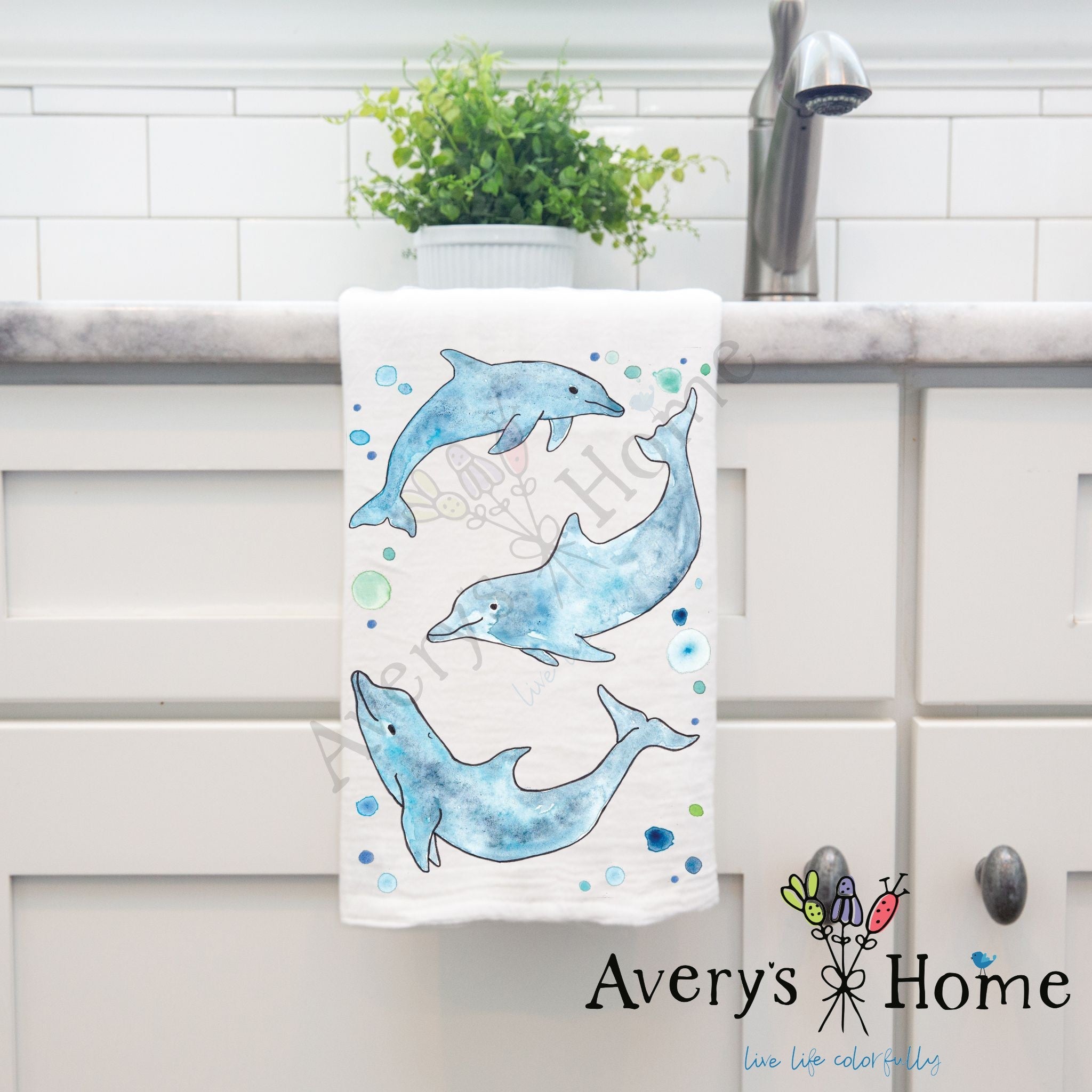 Dolphins dish towel hanging in the kitchen