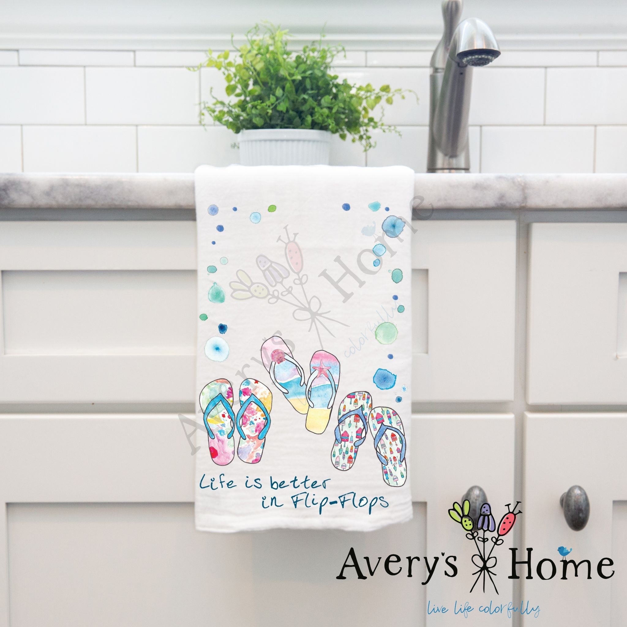 Life is Better...Flip-Flops dish towel hanging in the kitchen