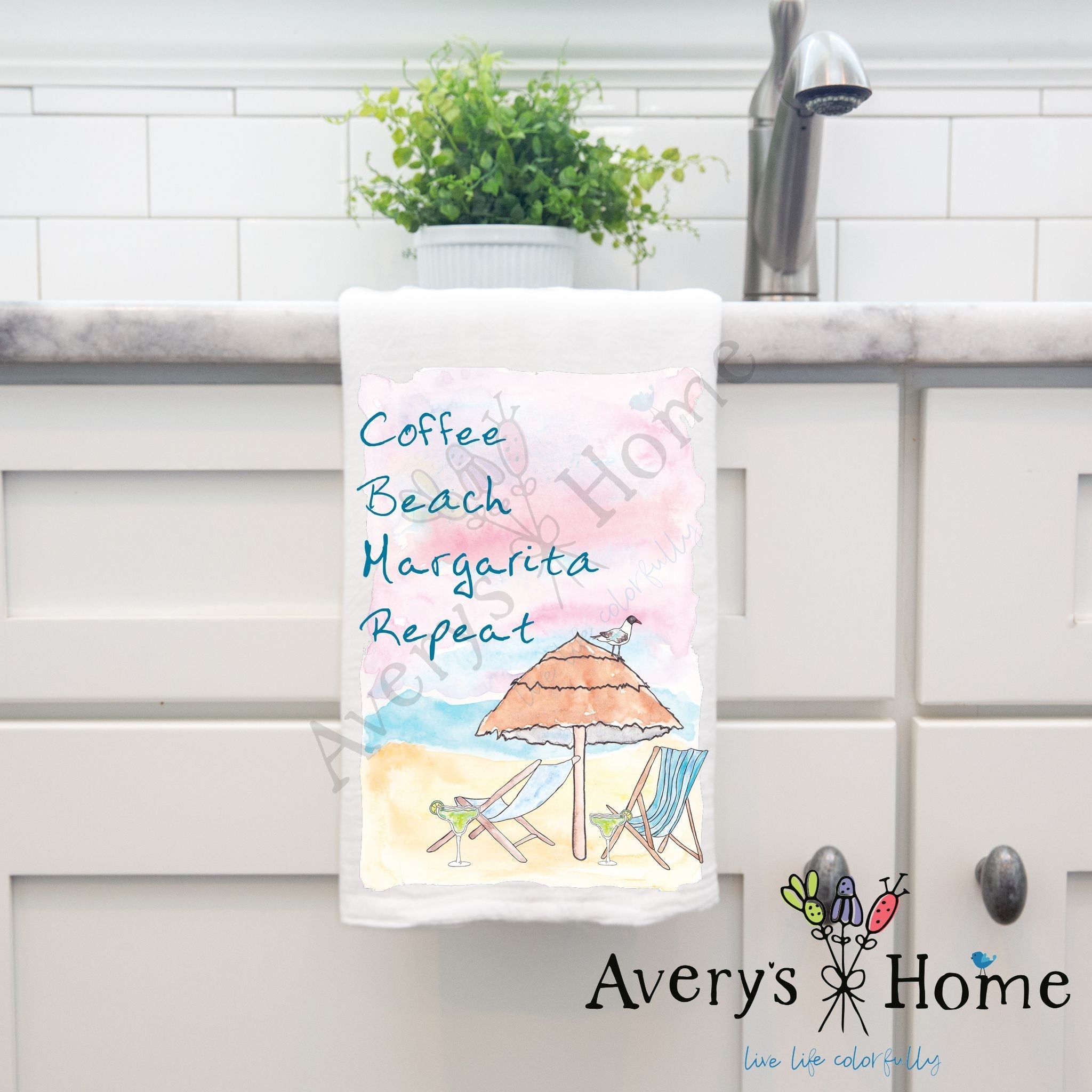 Coffee Beach Margarita Repeat dish towel hanging in the kitchen