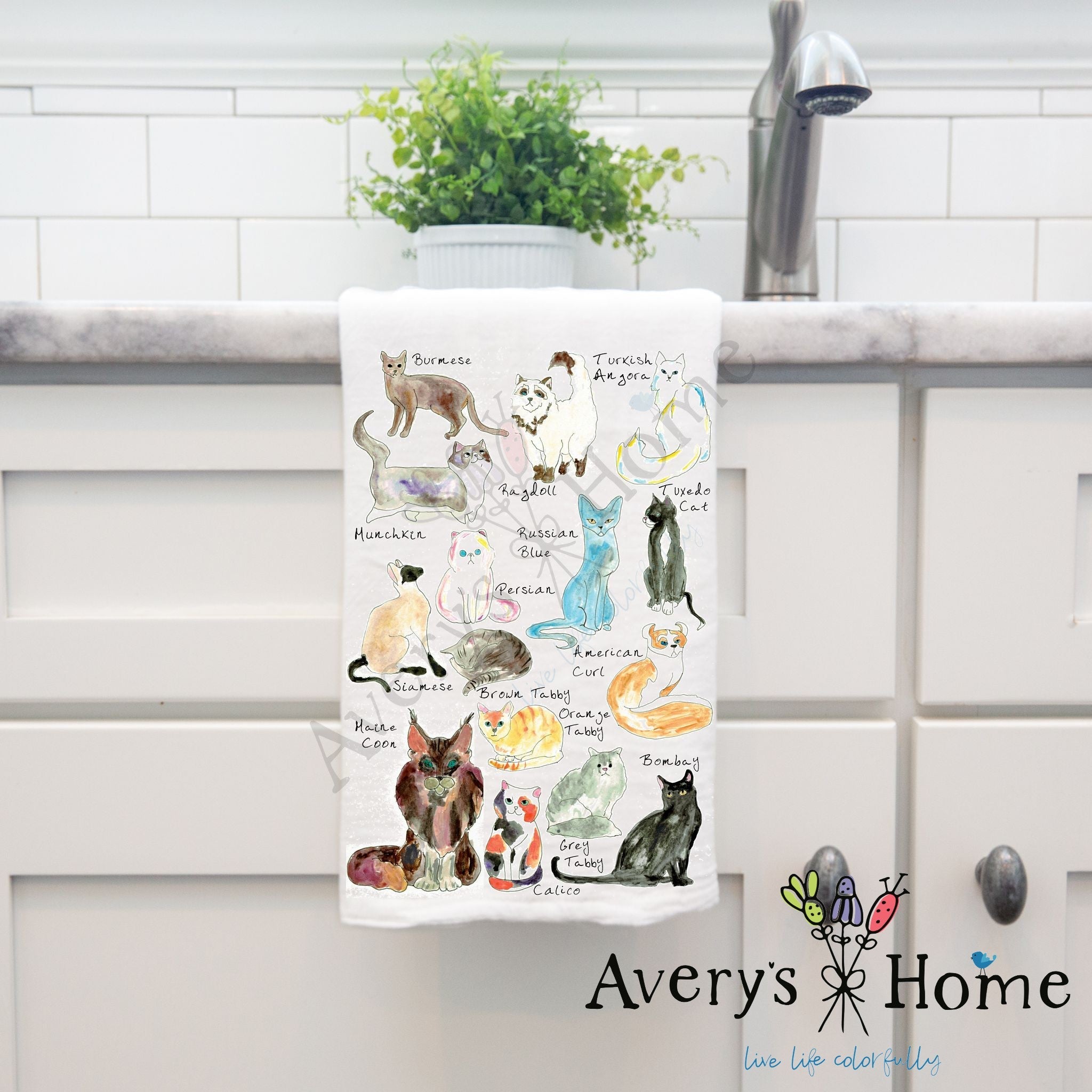 Cat Breeds dish towel hanging by kitchen sink