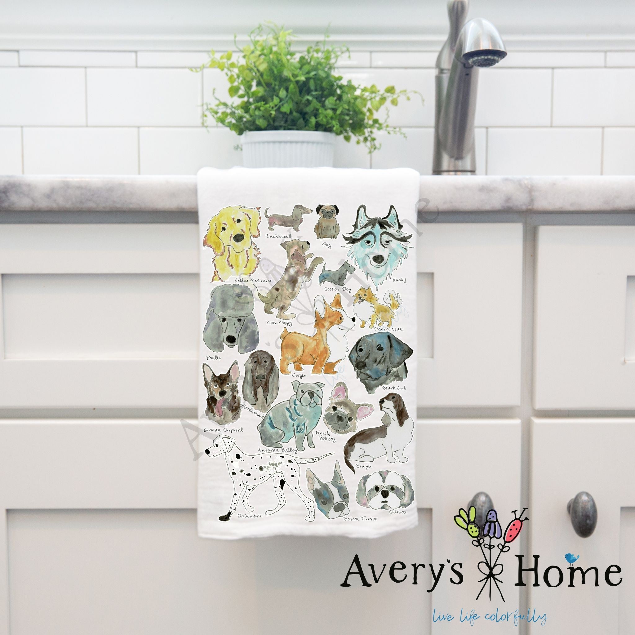 Dog Breeds dish towel hanging by kitchen sink