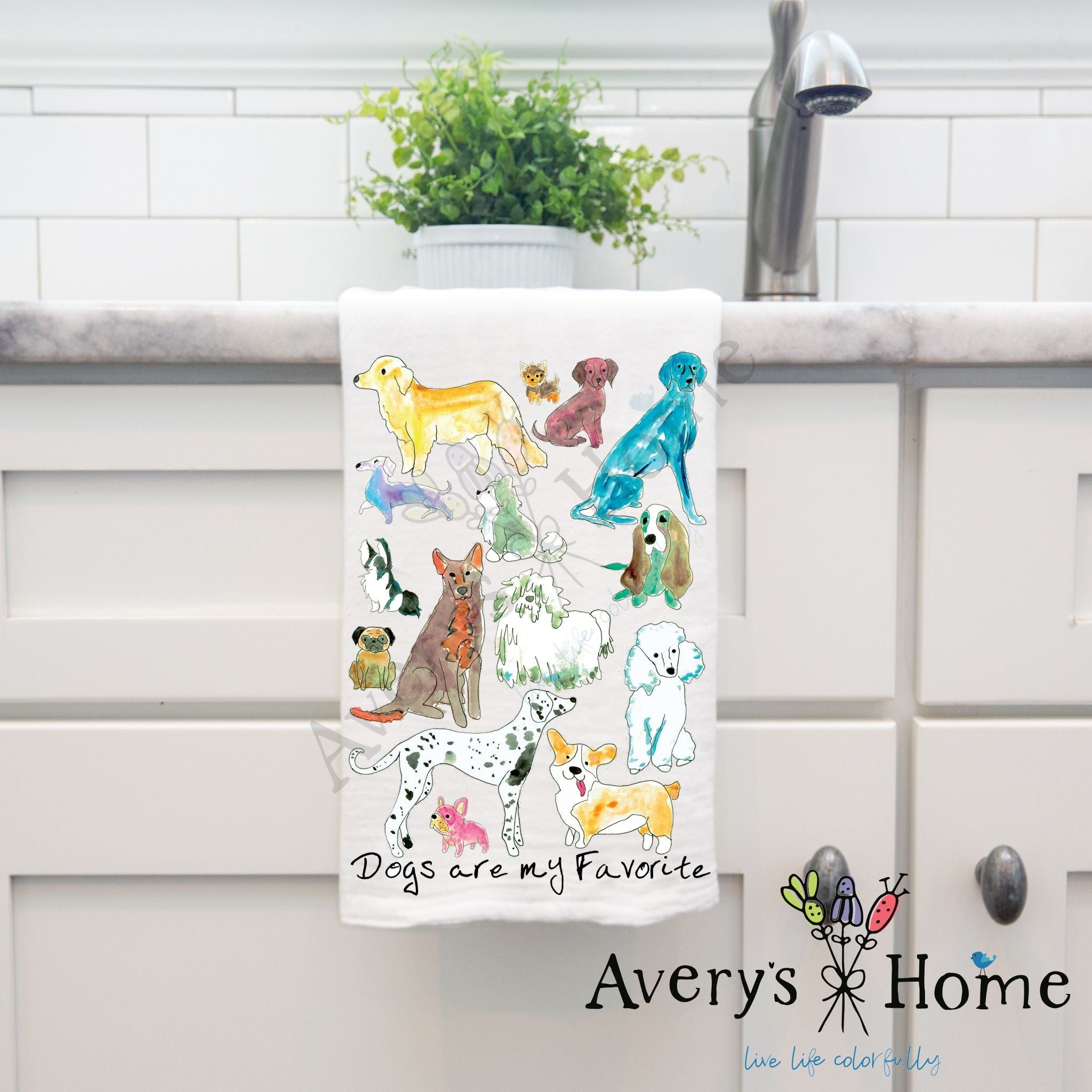 Dogs are My Favorite dish towel hanging by kitchen sink