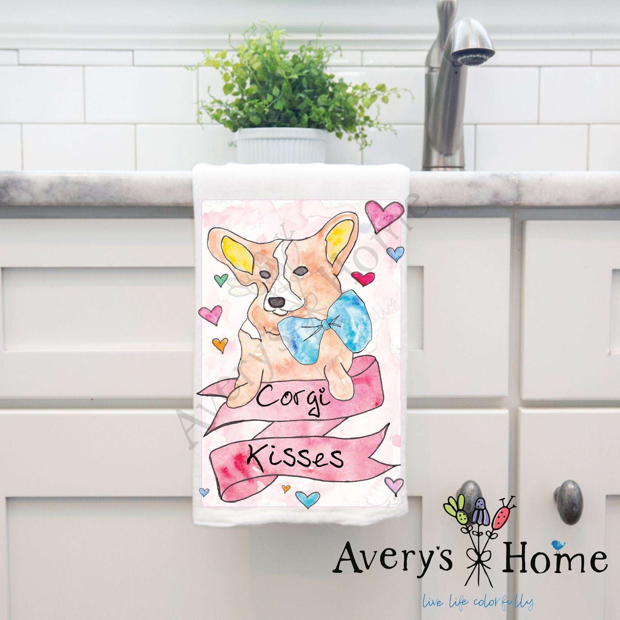 Corgi Kisses dish towel hanging by kitchen sink