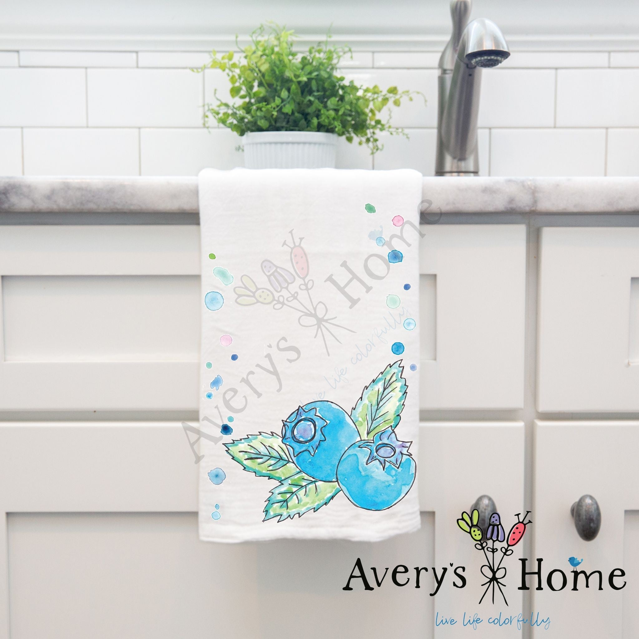 Blueberries dish towel hanging in the kitchen
