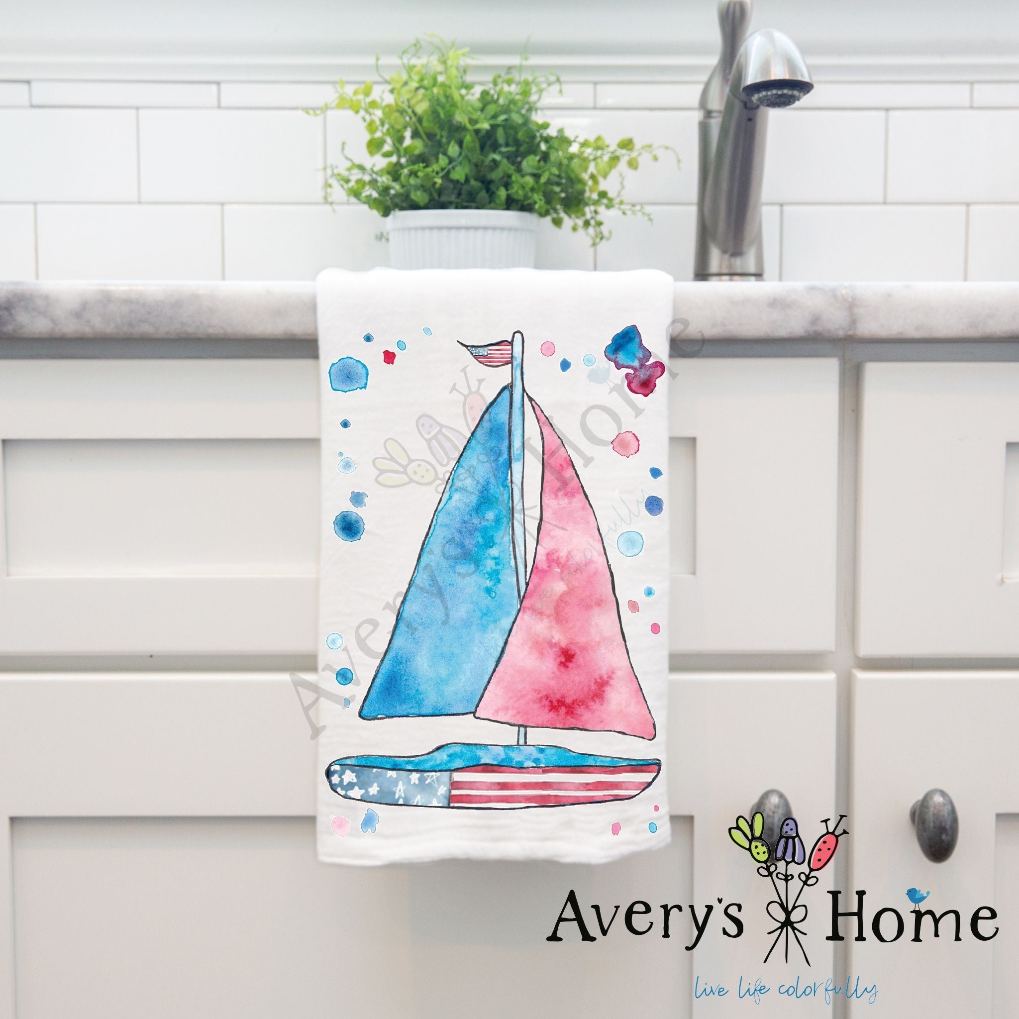 USA Sailboat dish towel hanging in the kitchen