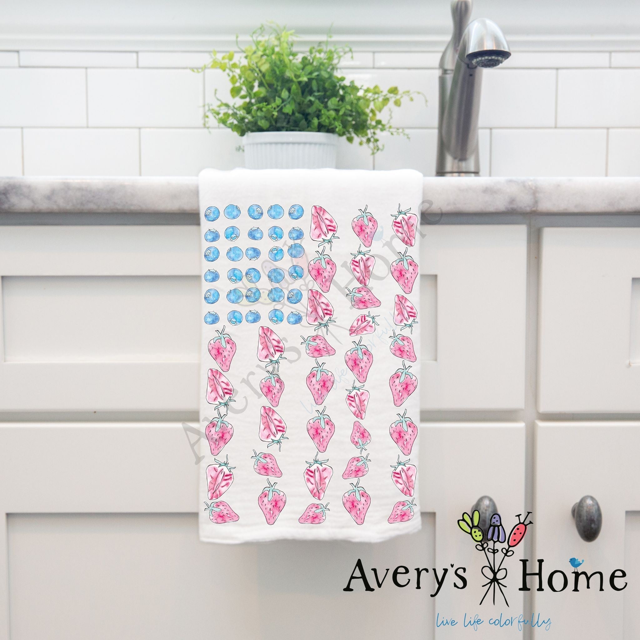 American Flag with Berries dish towel hanging by kitchen sink