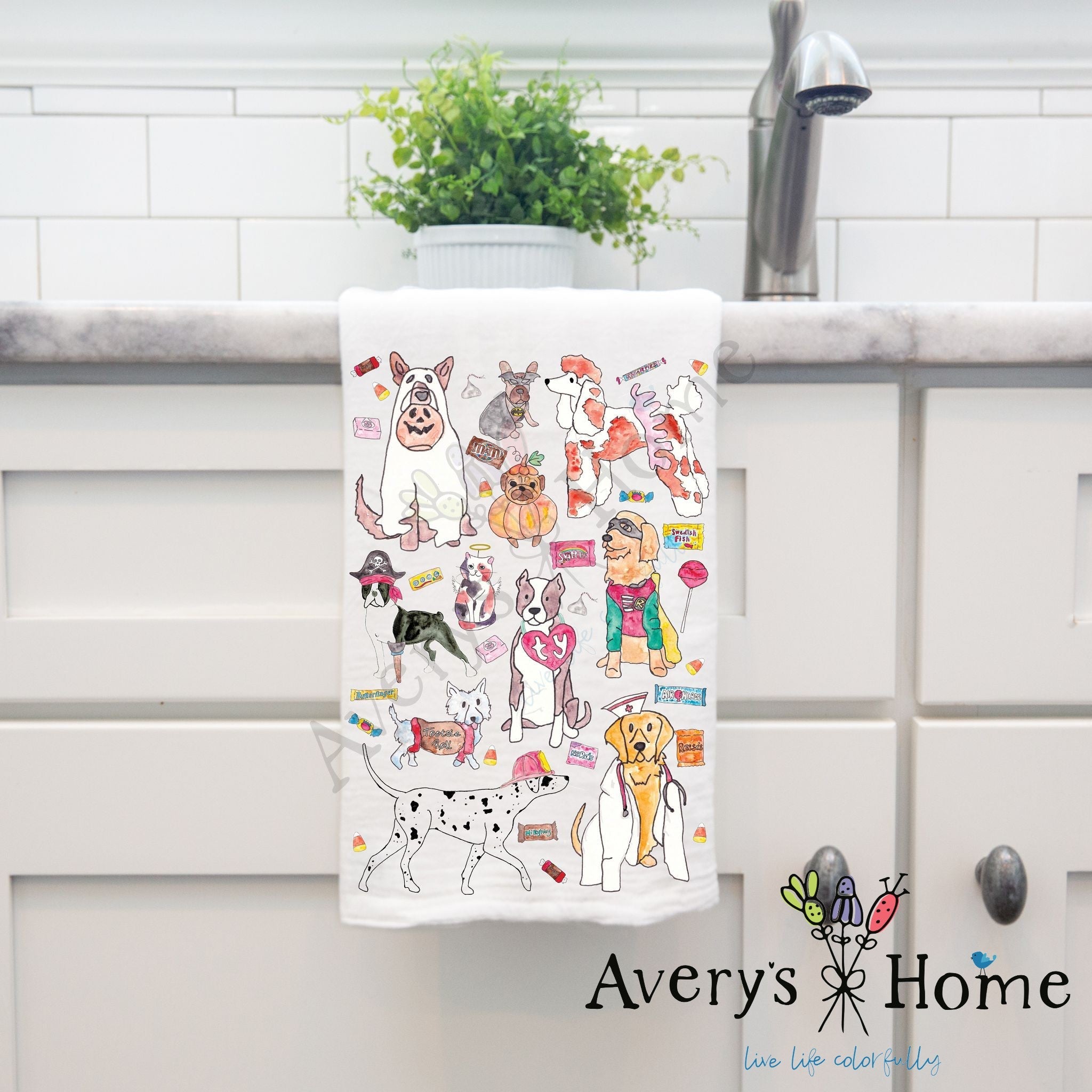 Dogs In Halloween Costumes dish towel hanging by kitchen sink