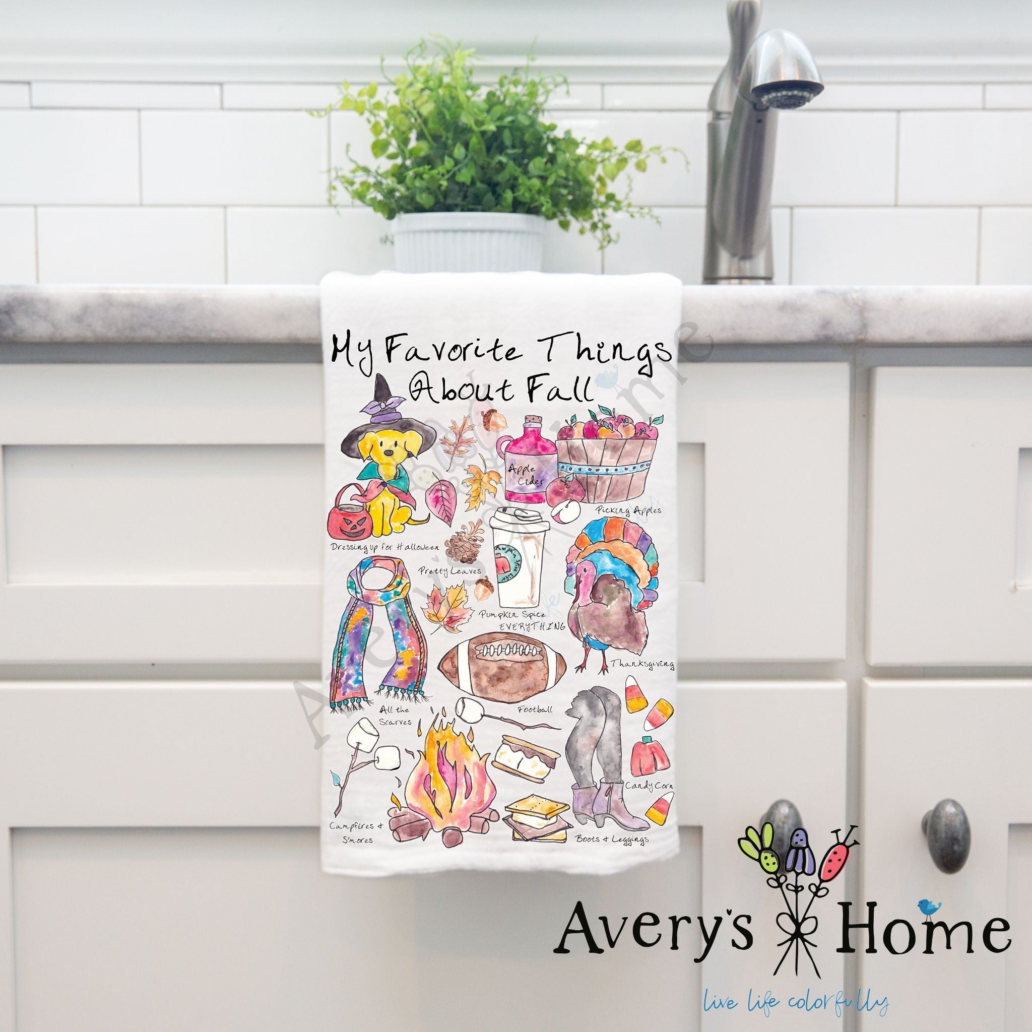 Favorite Things About Fall dish towel hanging by kitchen sink