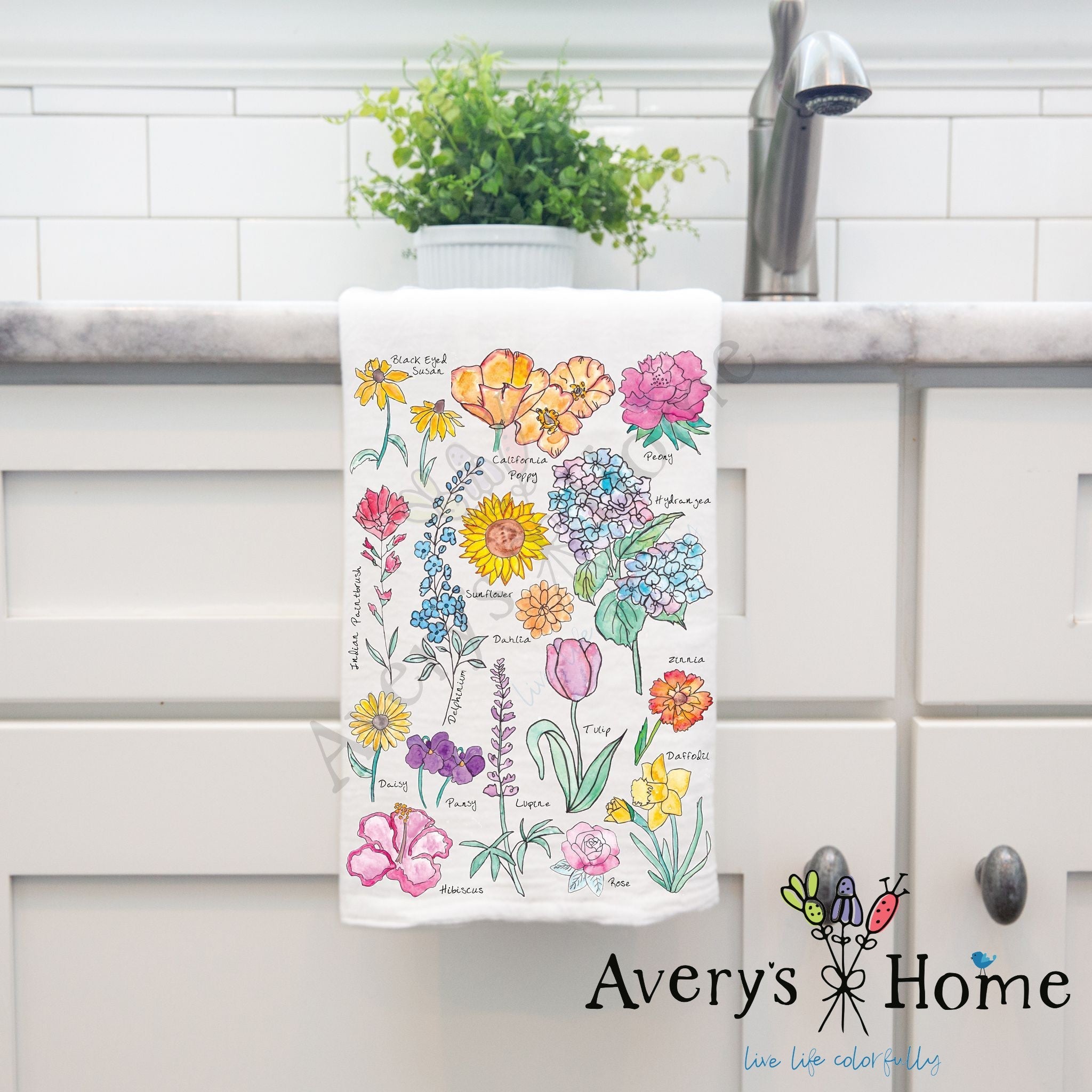 Popular Flowers dish towel design detail