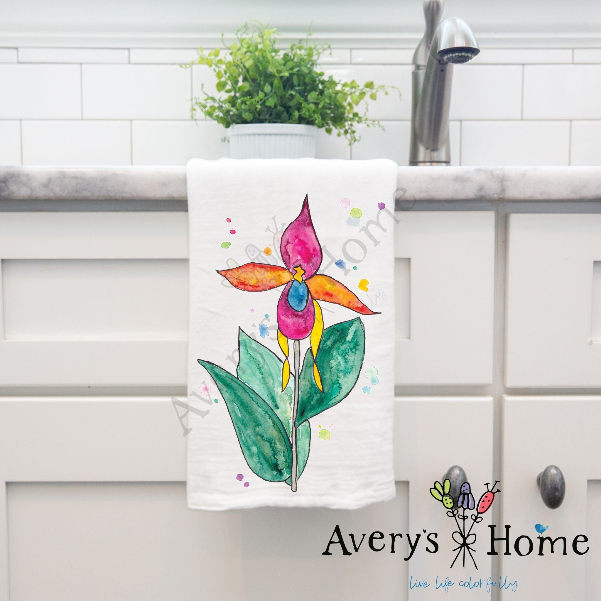 Colorful Flower dish towel hanging by kitchen sink