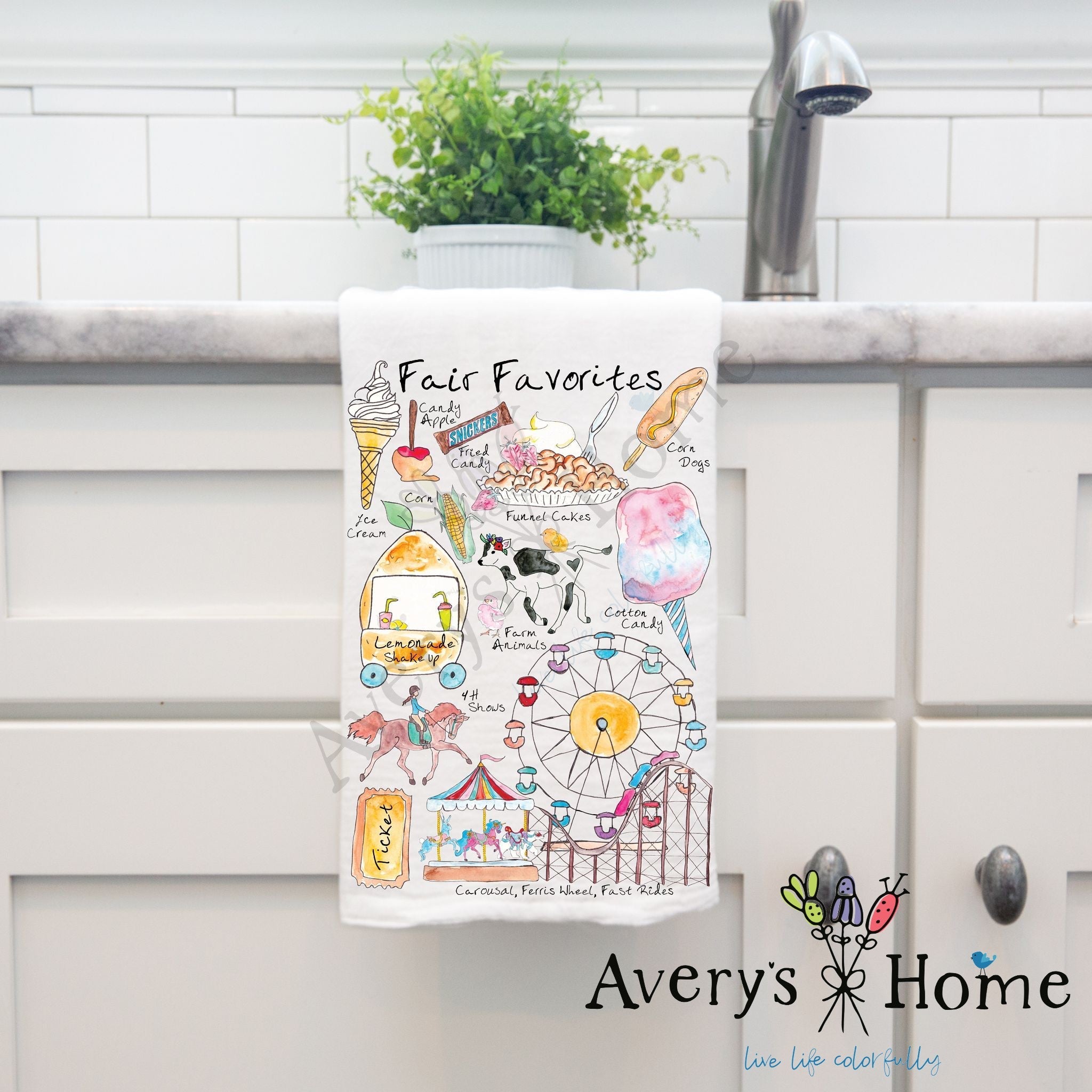 Fair Favorites dish towel hanging by kitchen sink