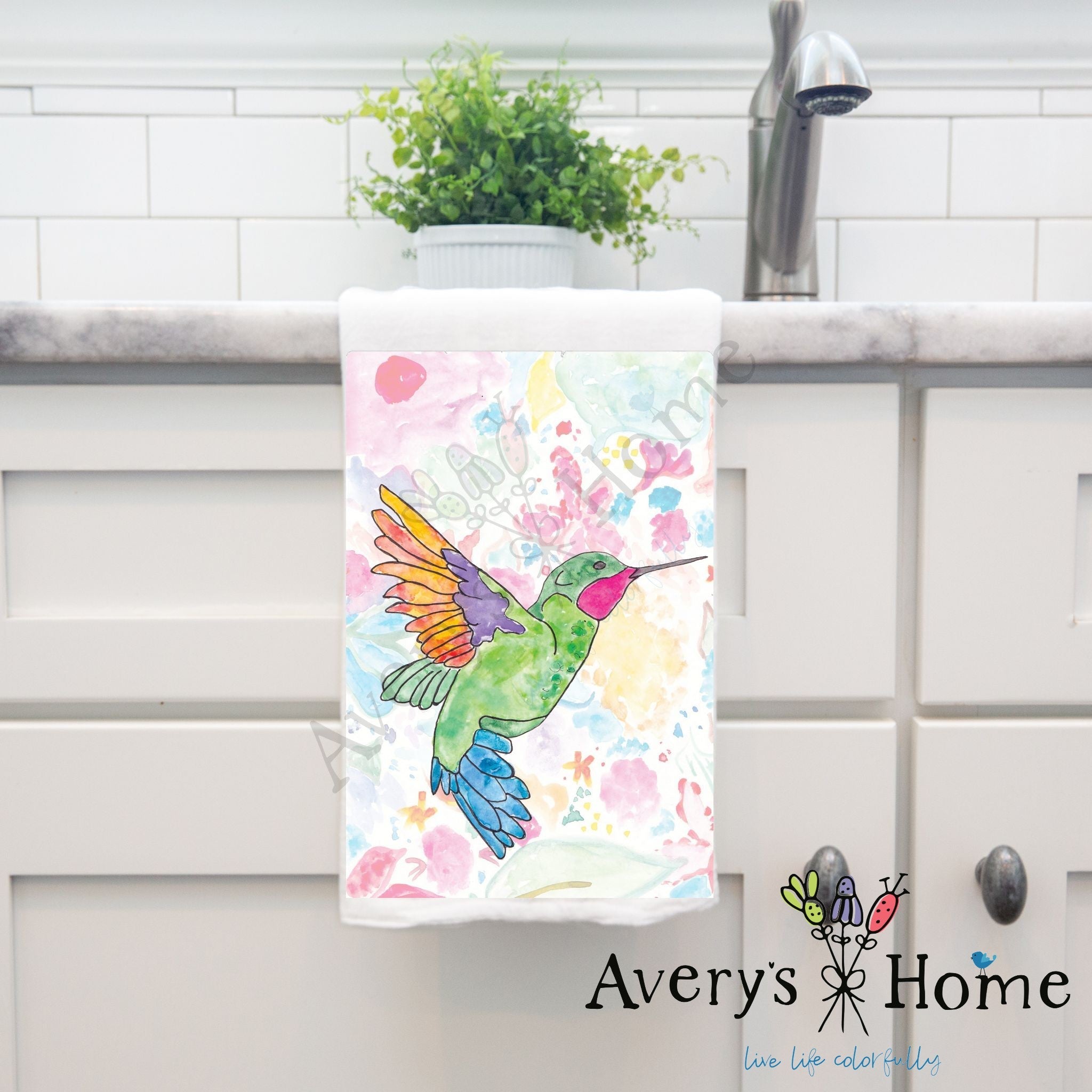 Ruby Throated Hummingbird dish towel design detail