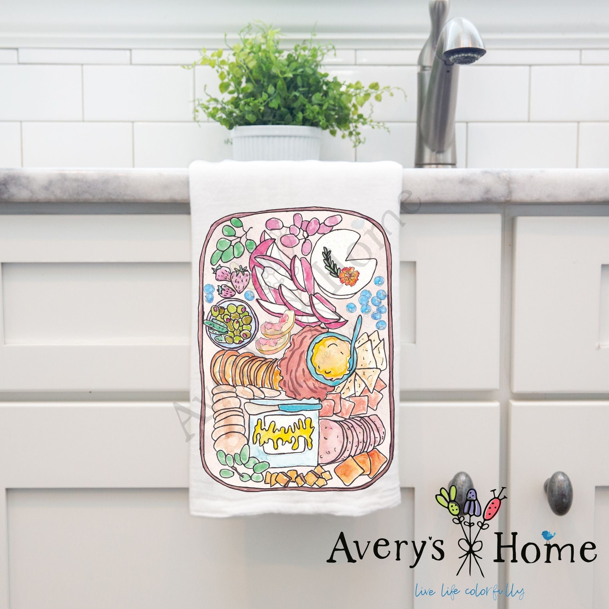Charcuterie Cheese Board dish towel hanging by kitchen sink