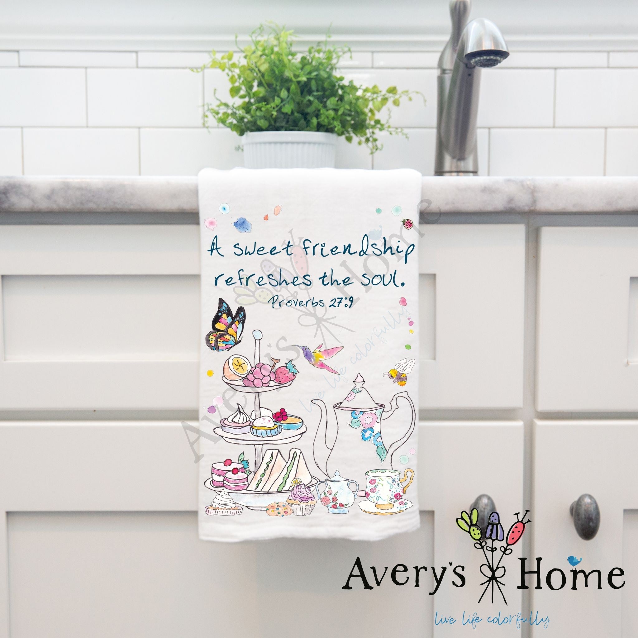 A Friendship Refreshes the Soul Proverbs 27:9 dish towel hanging in the kitchen
