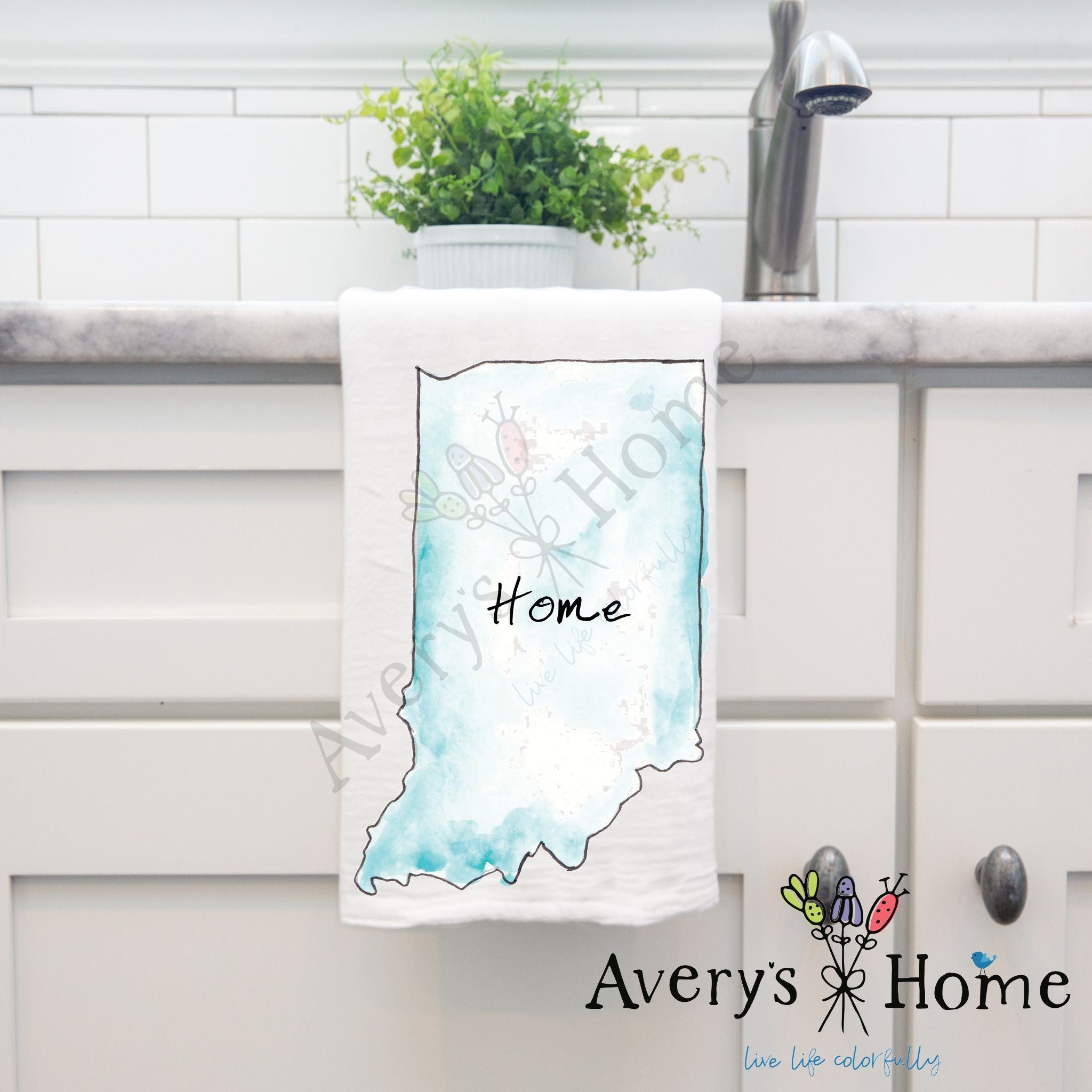 Indiana is Home dish towel hanging by kitchen sink