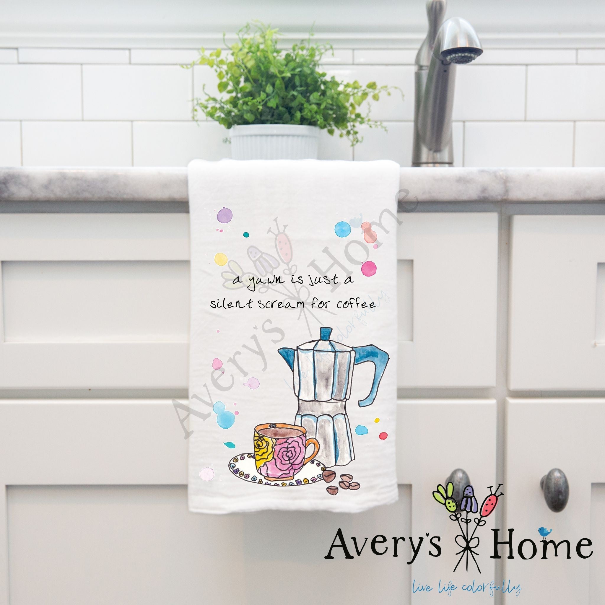 I Need Coffee dish towel hanging by kitchen sink