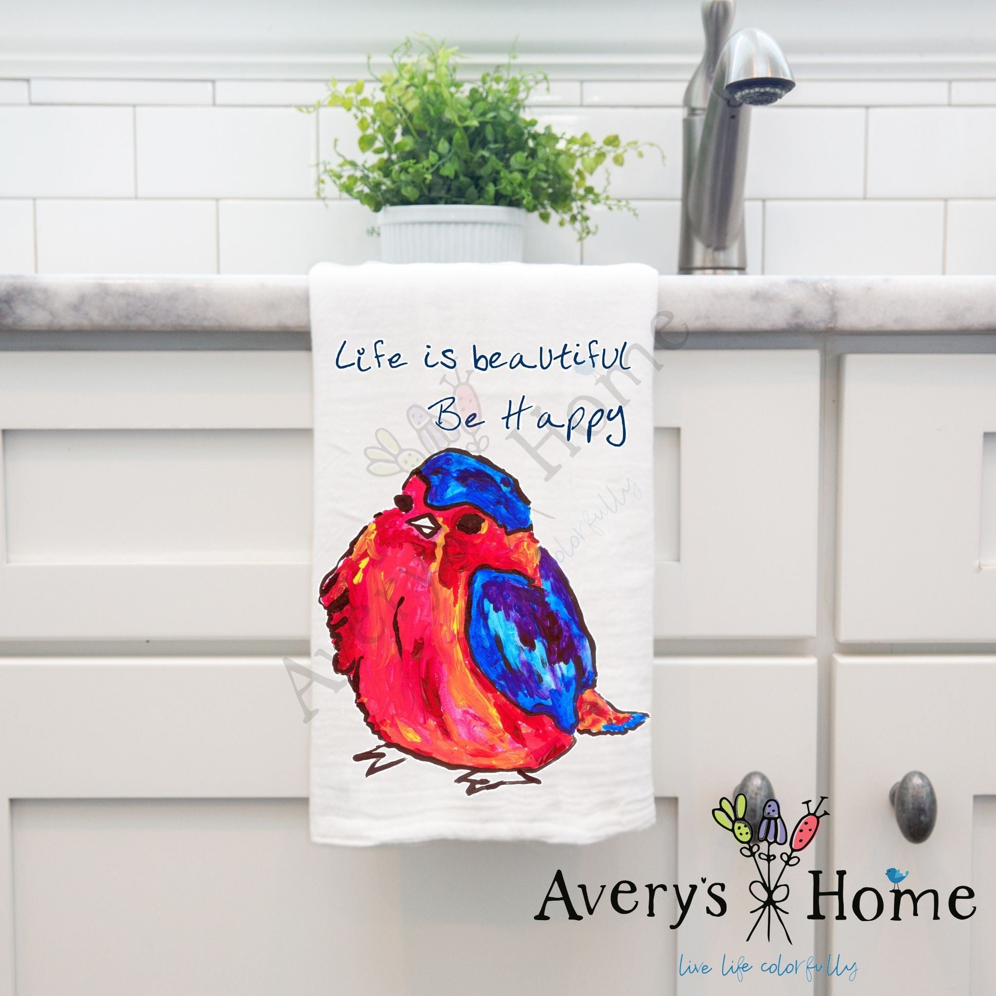 Life is Beautiful Bird dish towel design detail