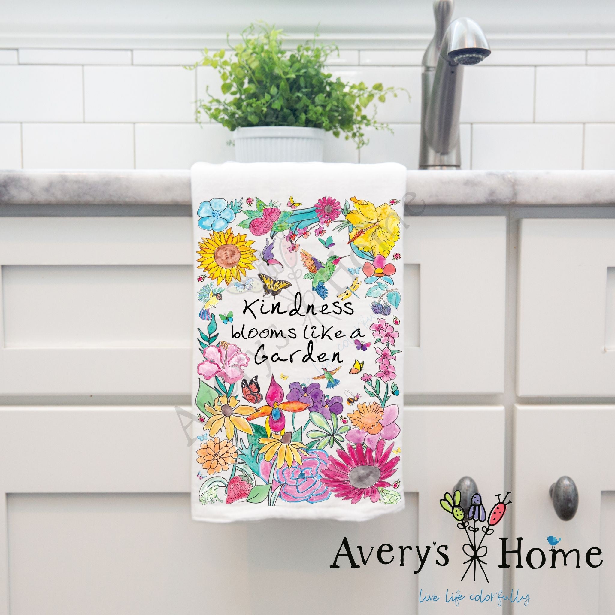 Kindness Blooms Garden dish towel, 27x27 flour sack cotton