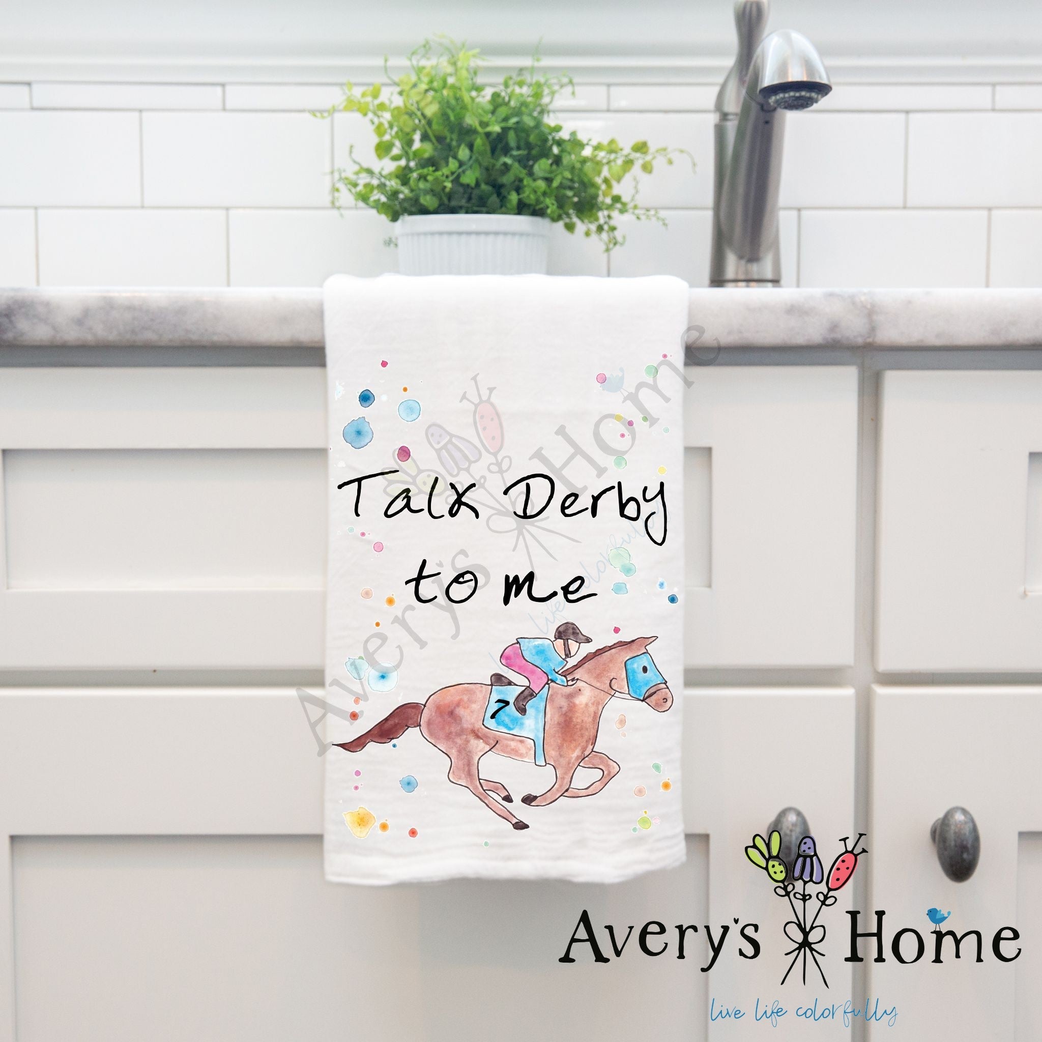 Talk Derby to Me dish towel, 27x27 flour sack cotton