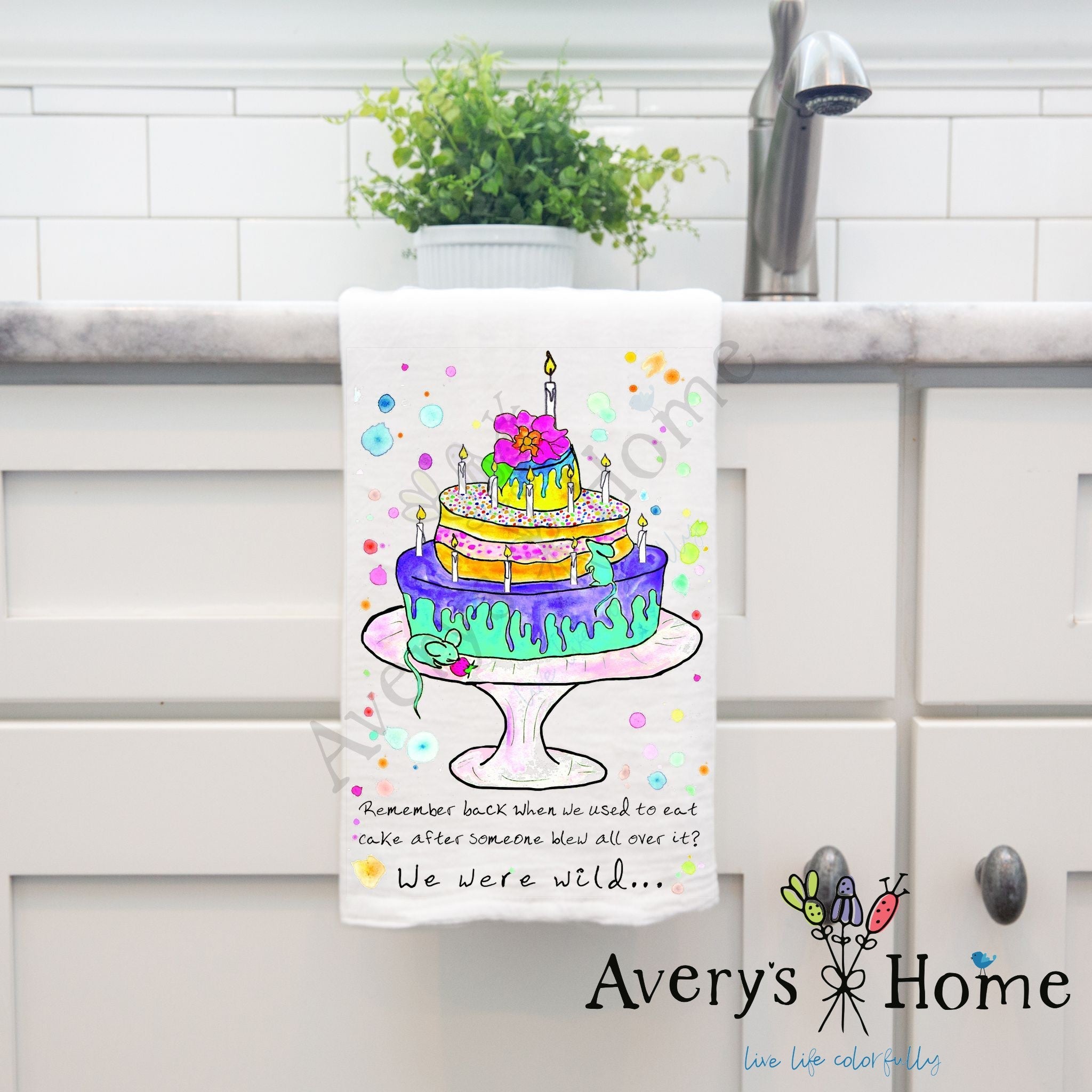 We were Wild Birthday Cake dish towel, 27x27 flour sack cotton