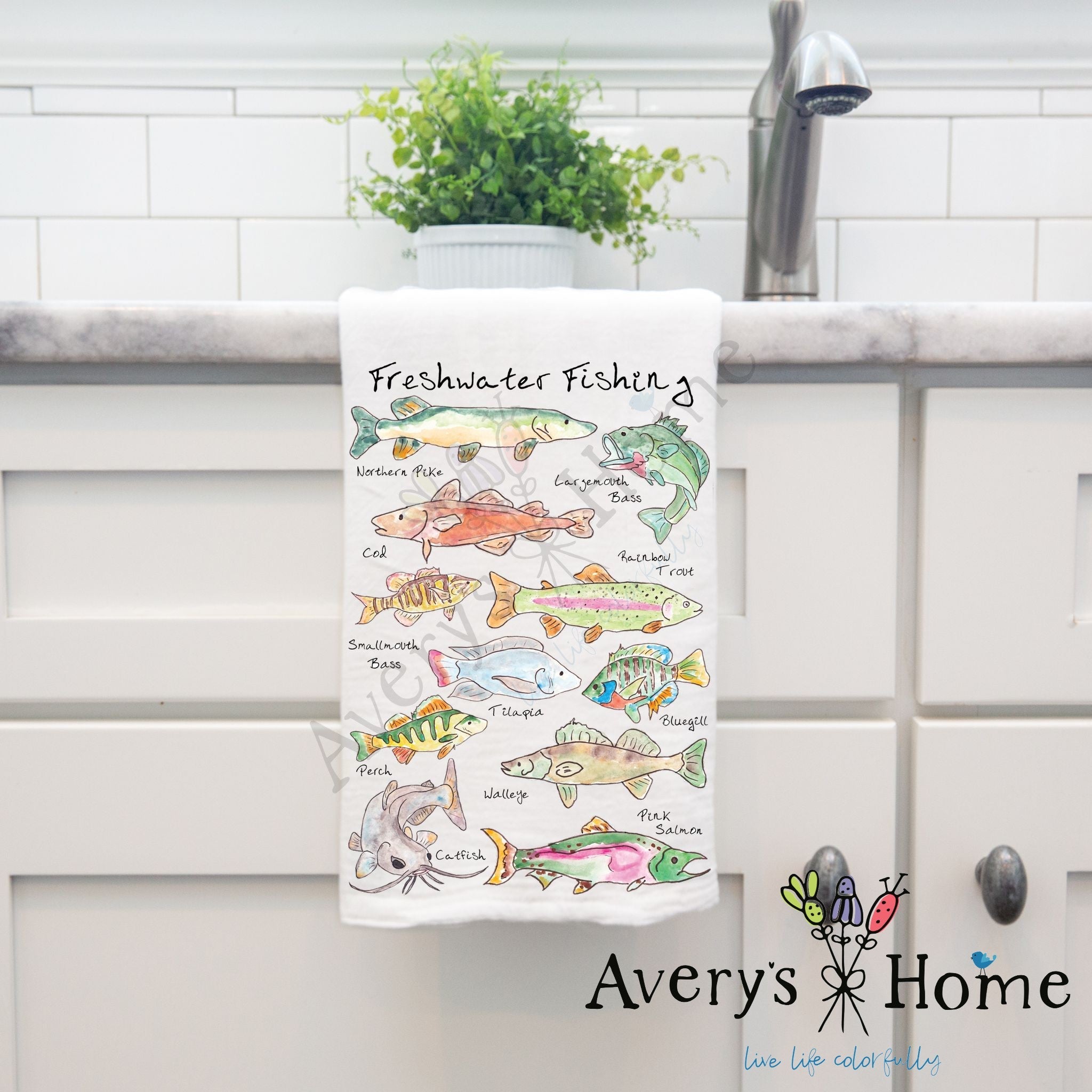 Freshwater Fishing dish towel hanging by kitchen sink