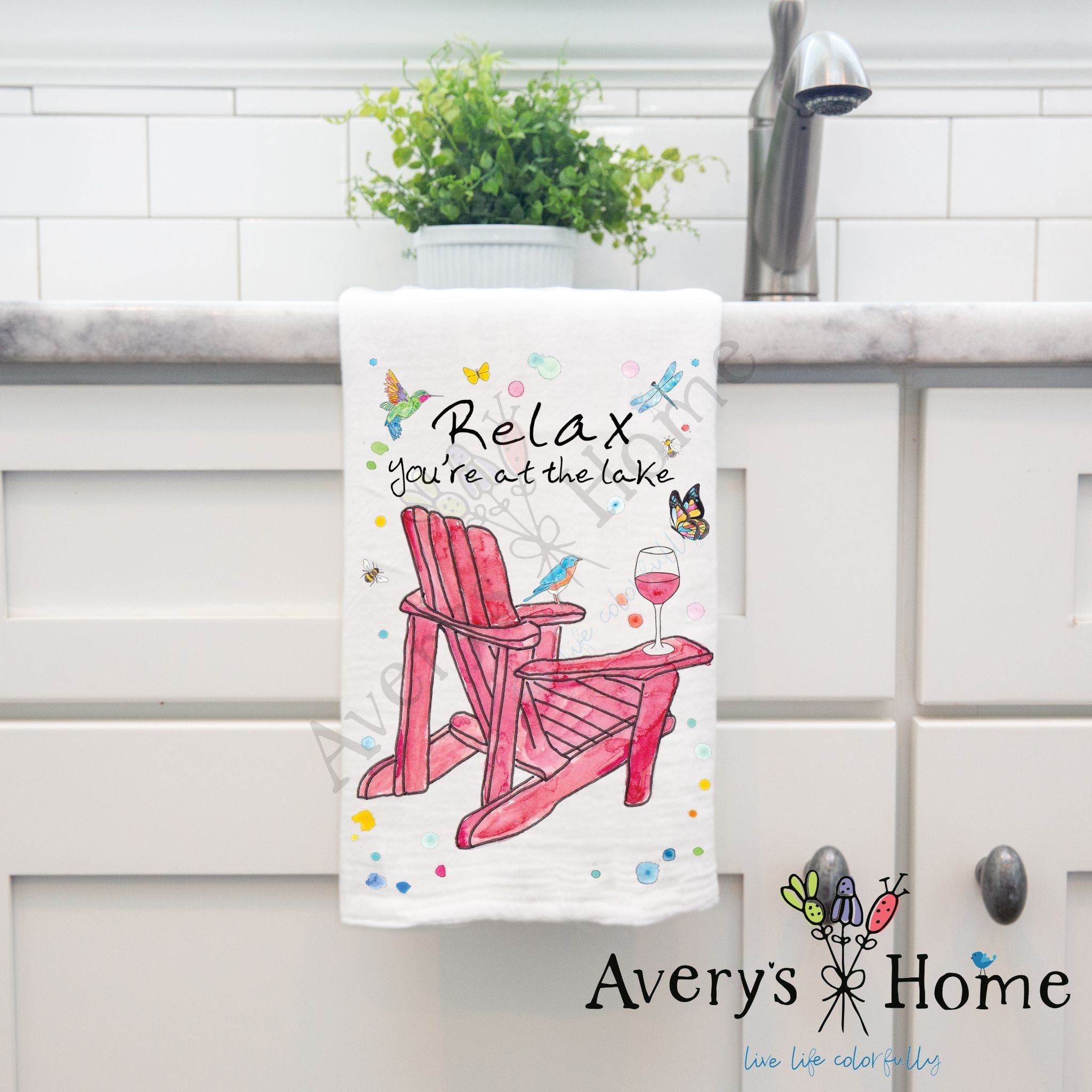 Relax at the Lake dish towel hanging in the kitchen