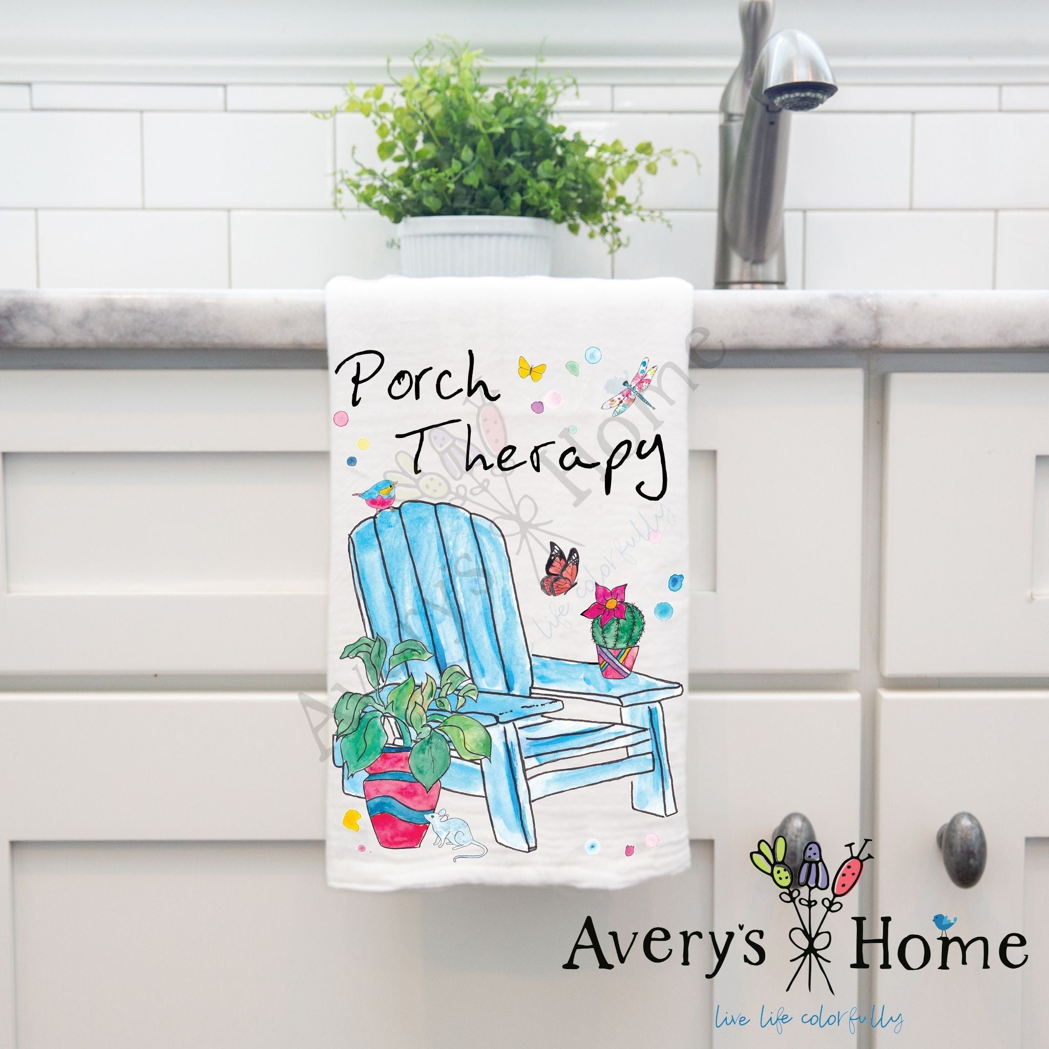 Porch Therapy with Plants dish towel, 27x27 flour sack cotton