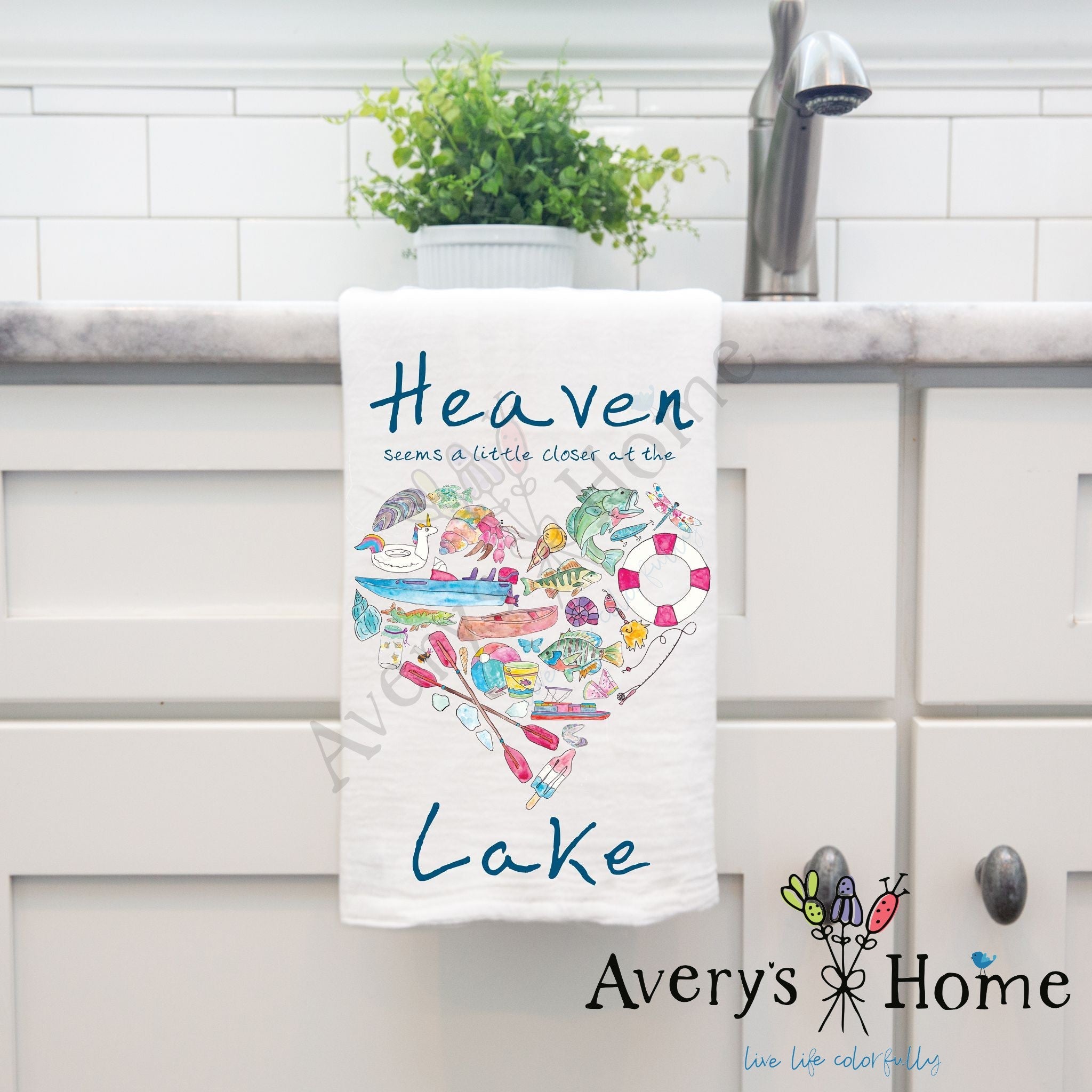 Heaven At the Lake dish towel hanging in the kitchen