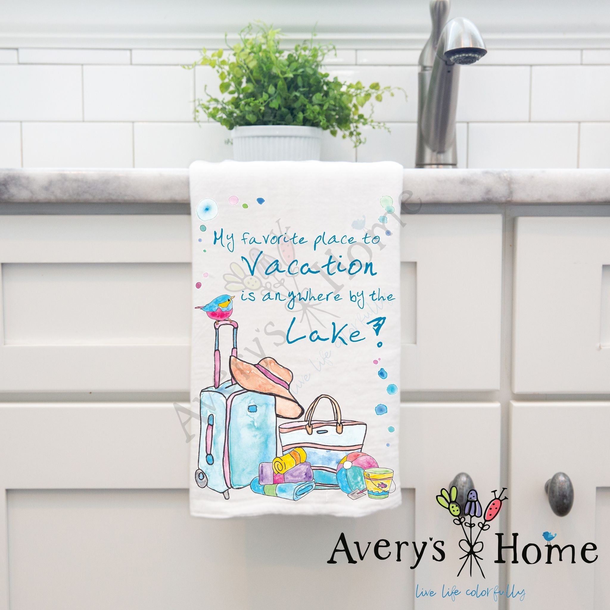 Summer Lake Vacation dish towel, 27x27 flour sack cotton