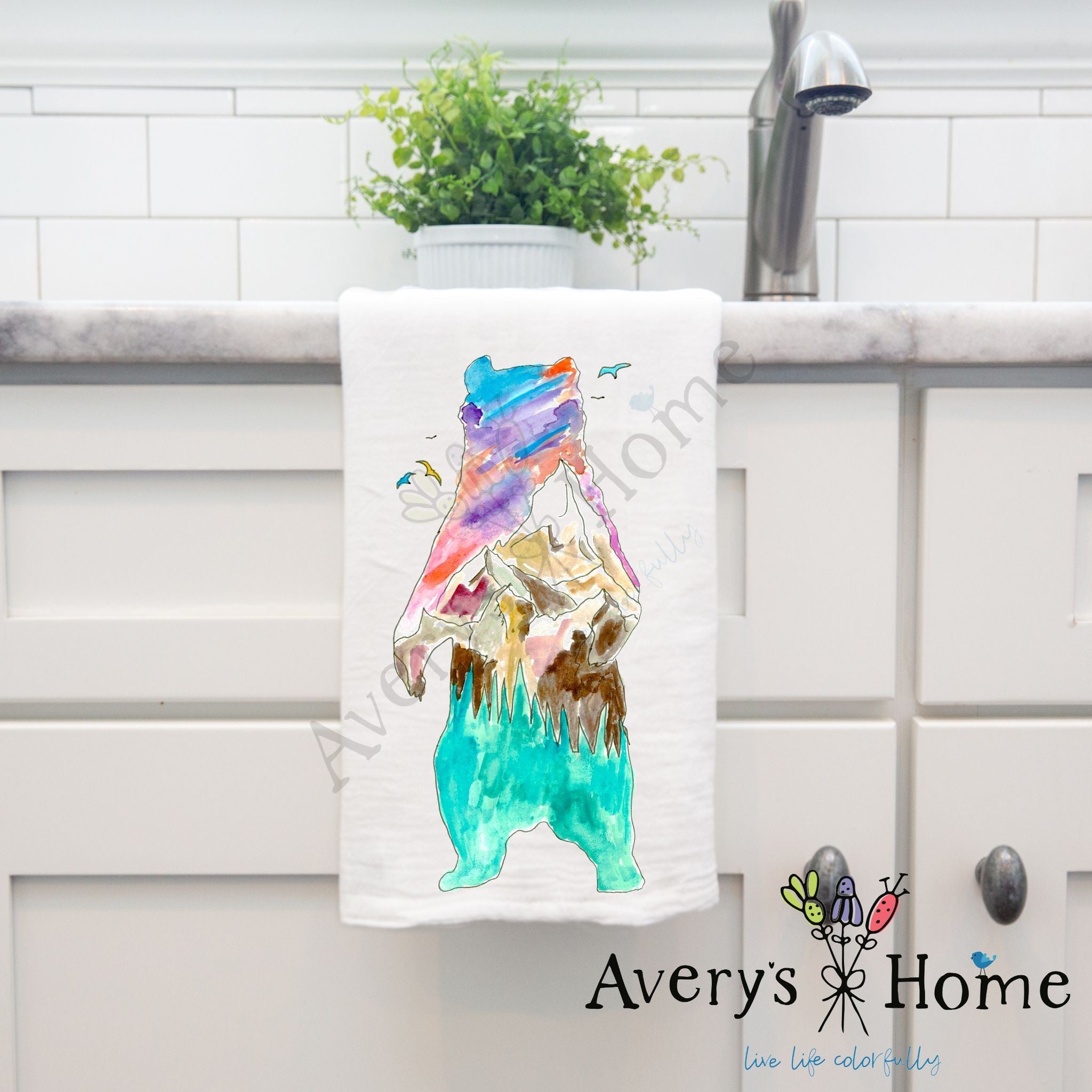 Mountain Bear dish towel, 27x27 flour sack cotton