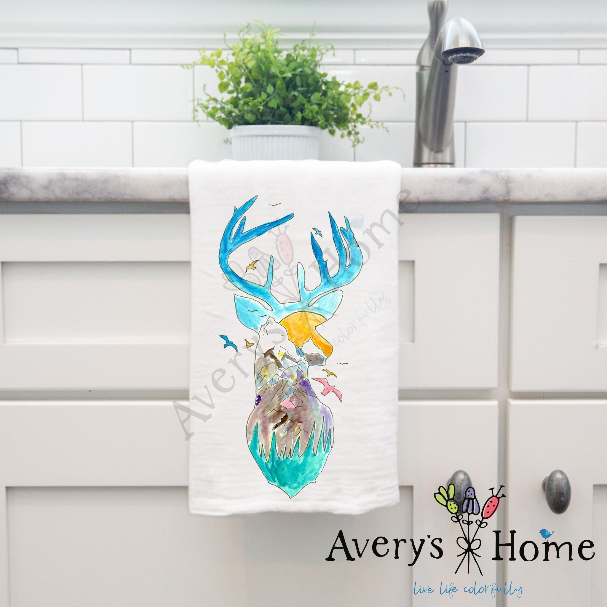 Mountain Deer dish towel, 27x27 flour sack cotton