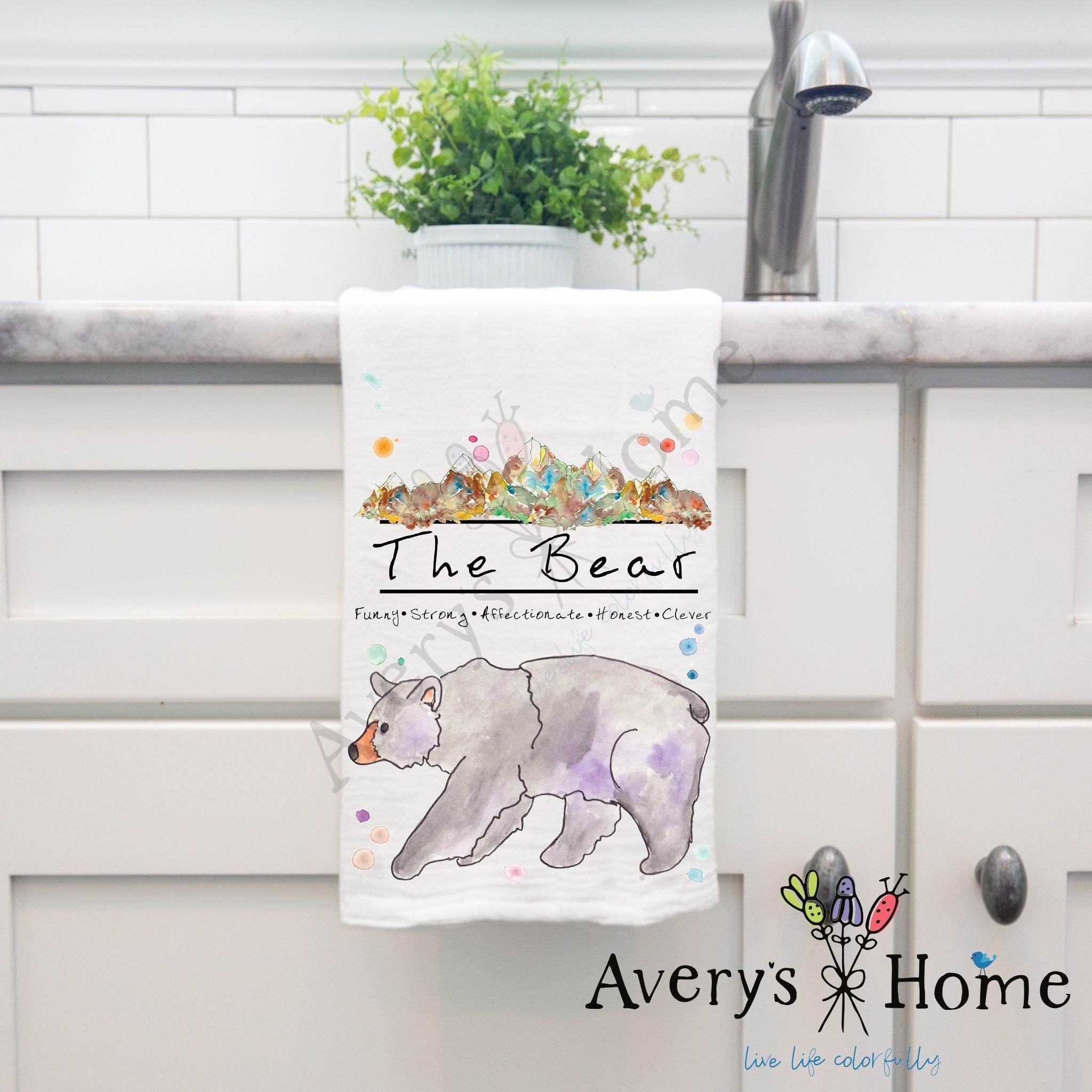 Mountain Black Bear dish towel, 27x27 flour sack cotton