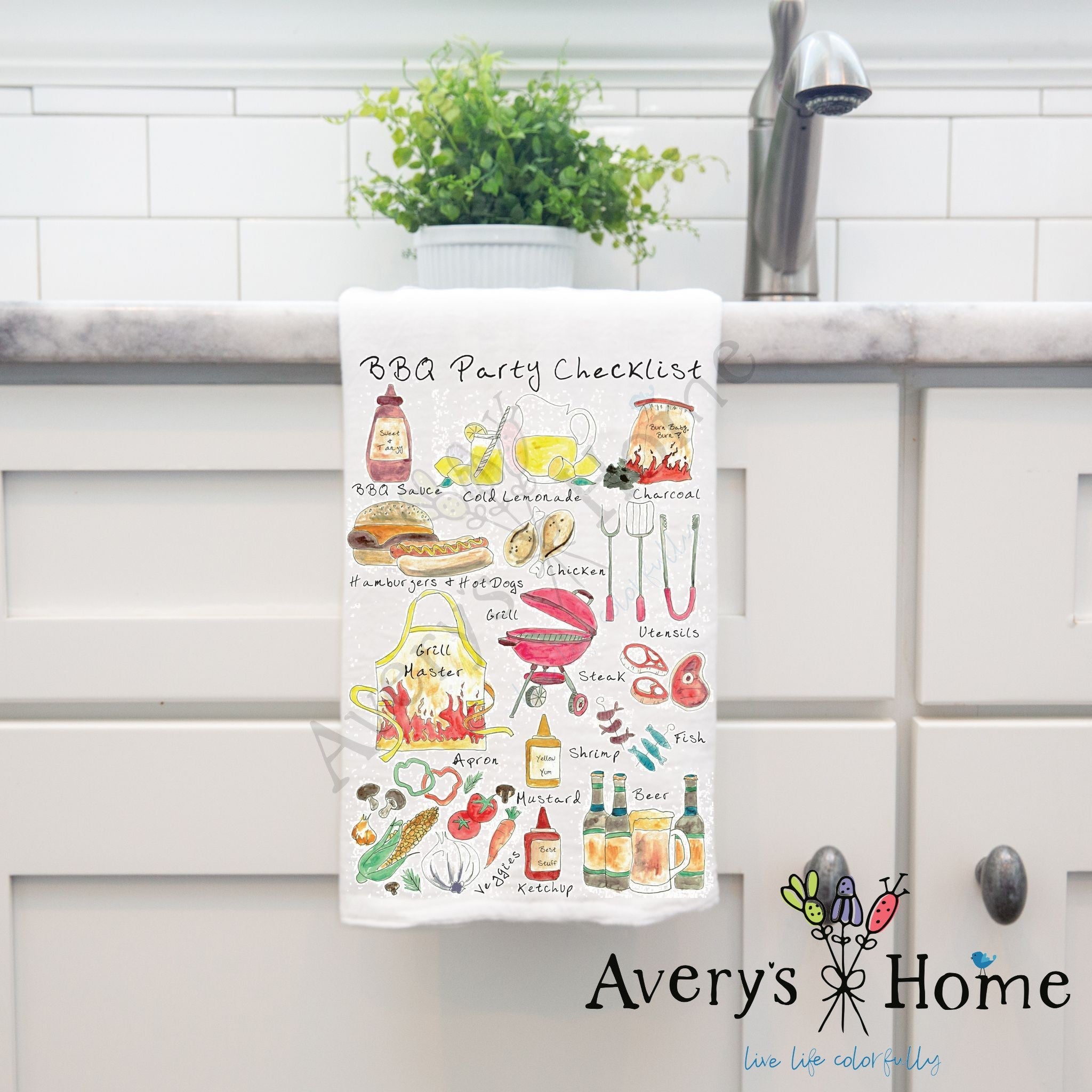 BBQ Party Checklist dish towel hanging by kitchen sink