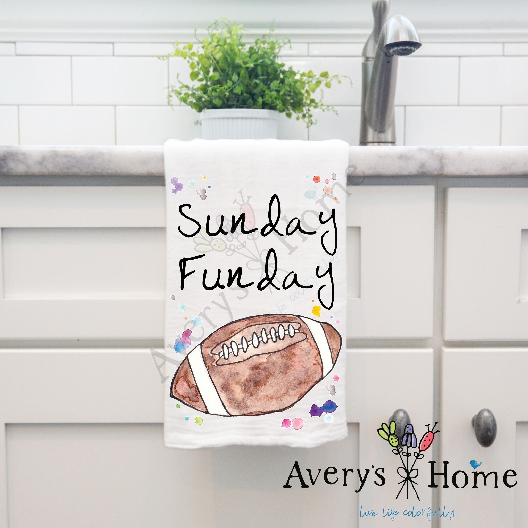 Football Sunday Funday dish towel hanging by kitchen sink