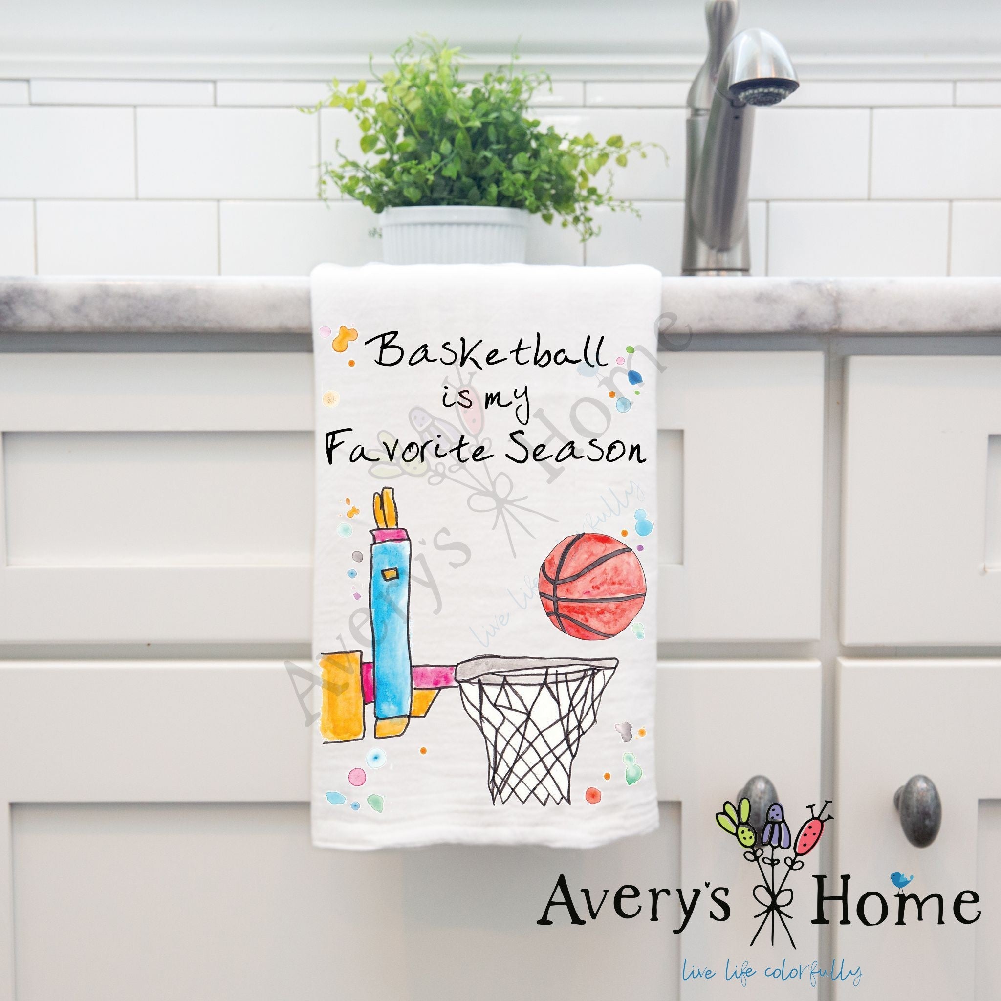 Basketball Season dish towel hanging by kitchen sink