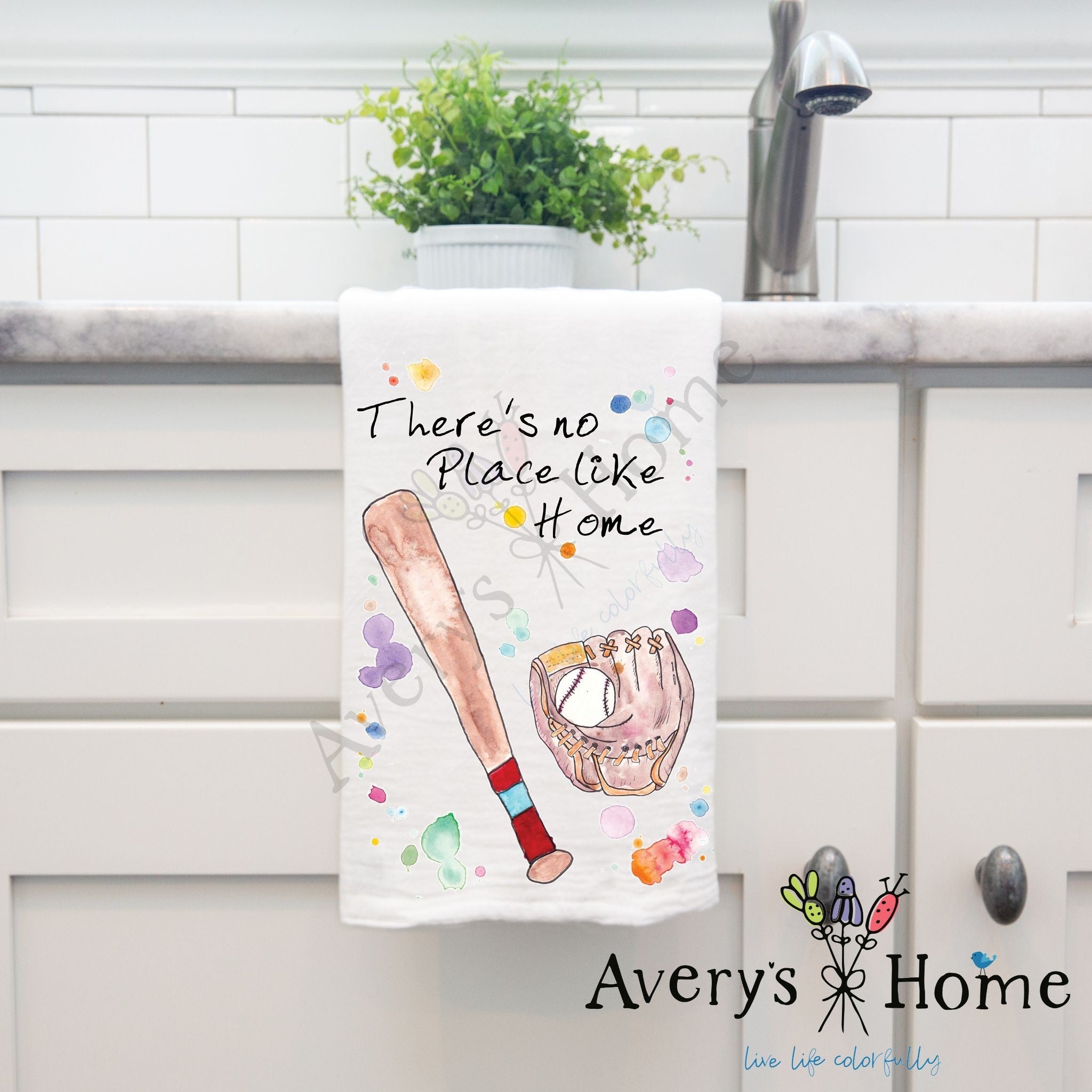 Baseball No Place Like Home dish towel hanging by kitchen sink