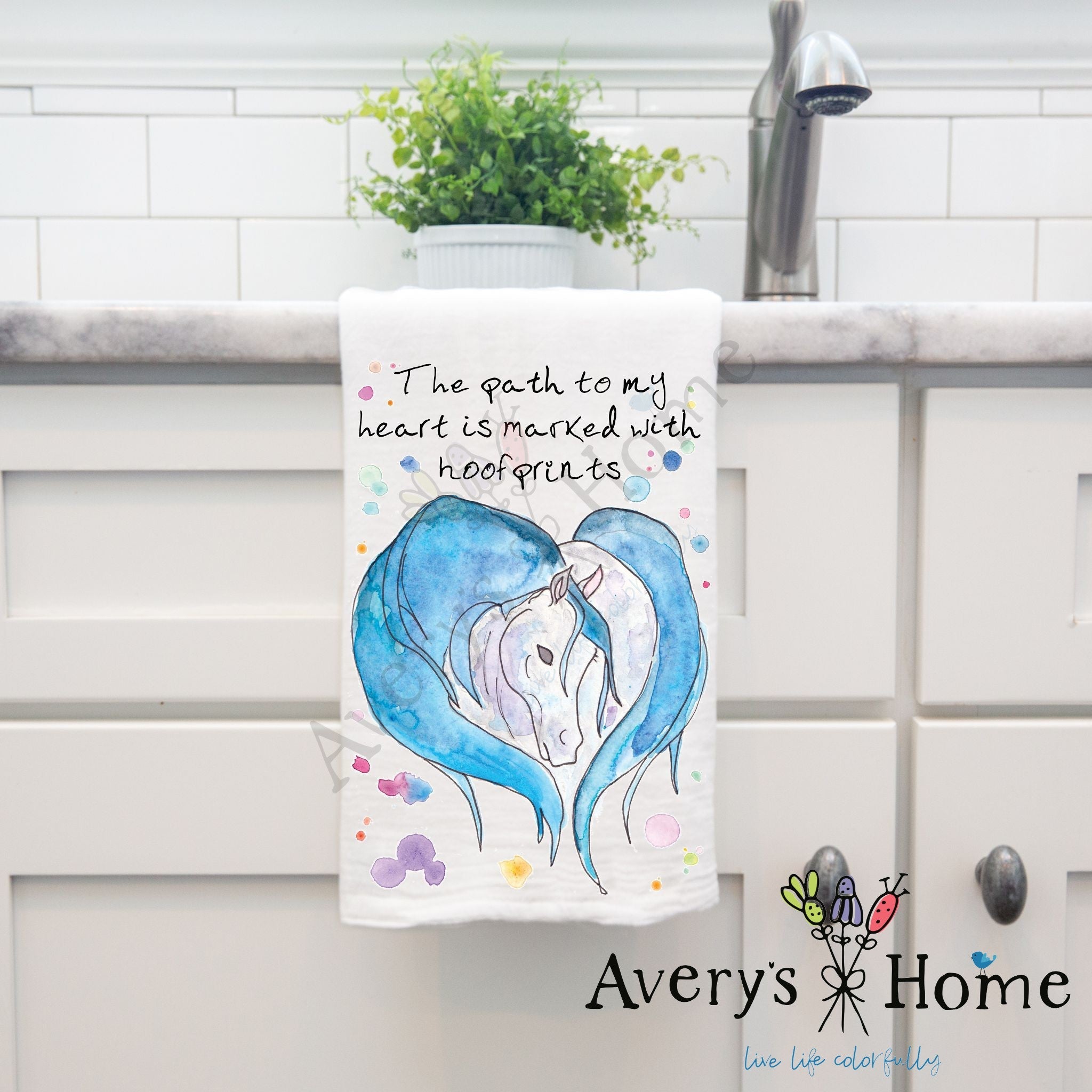 Horse Heart dish towel hanging by kitchen sink