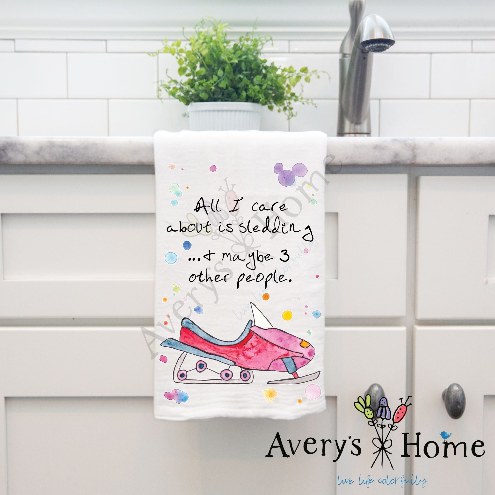 Sledding People dish towel, 27x27 flour sack cotton