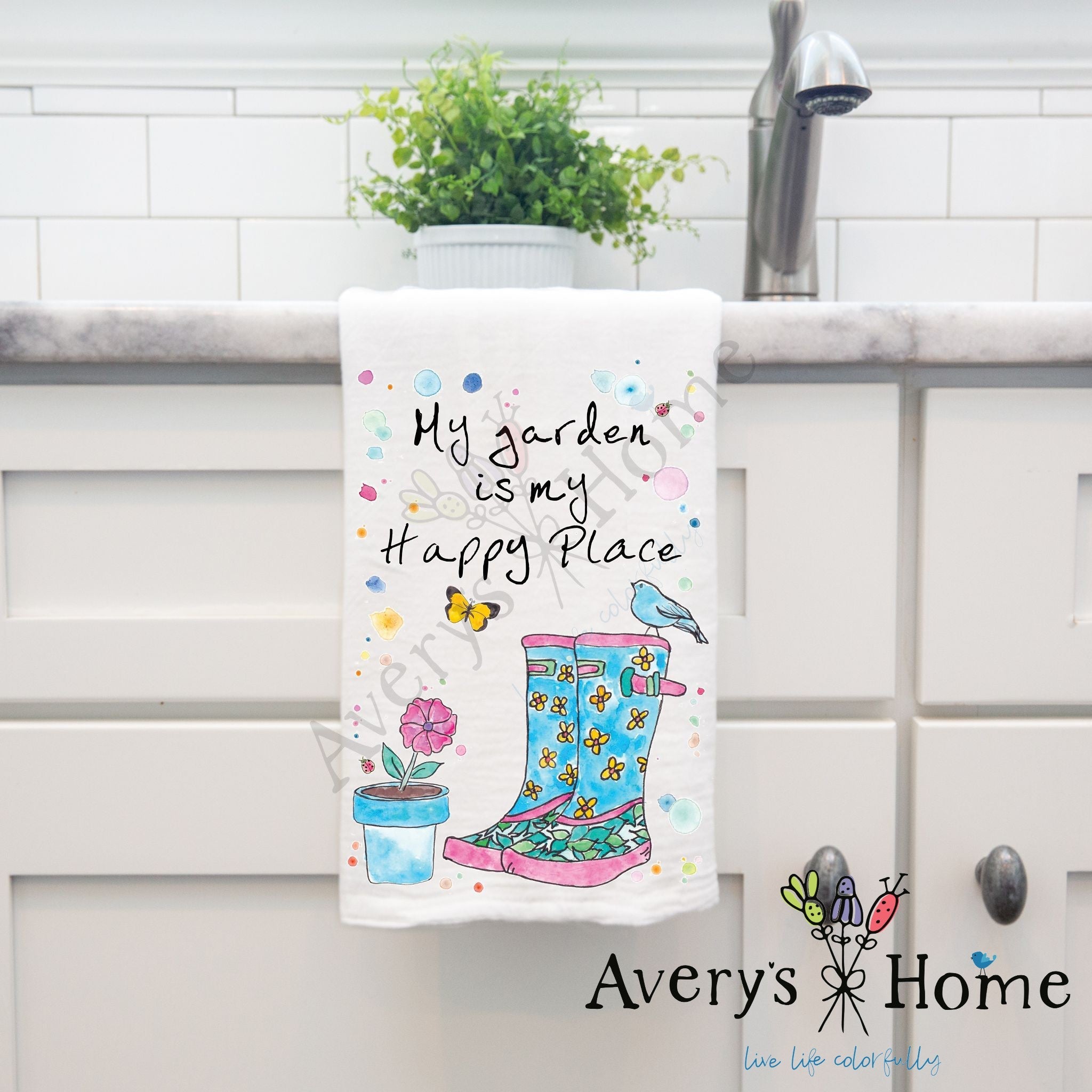 Gardening is My Happy Place dish towel hanging by kitchen sink