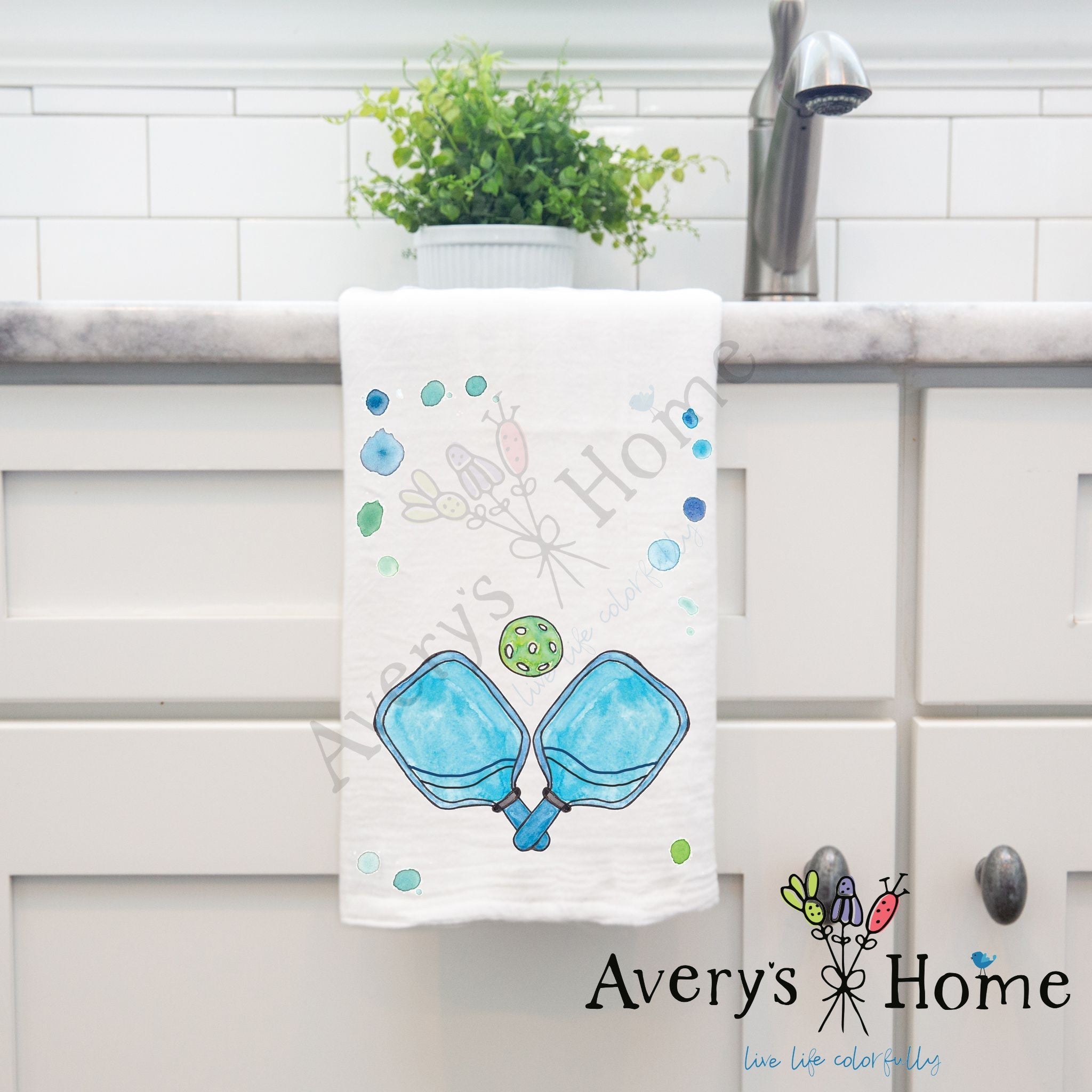 Pickleball Sport dish towel hanging in the kitchen