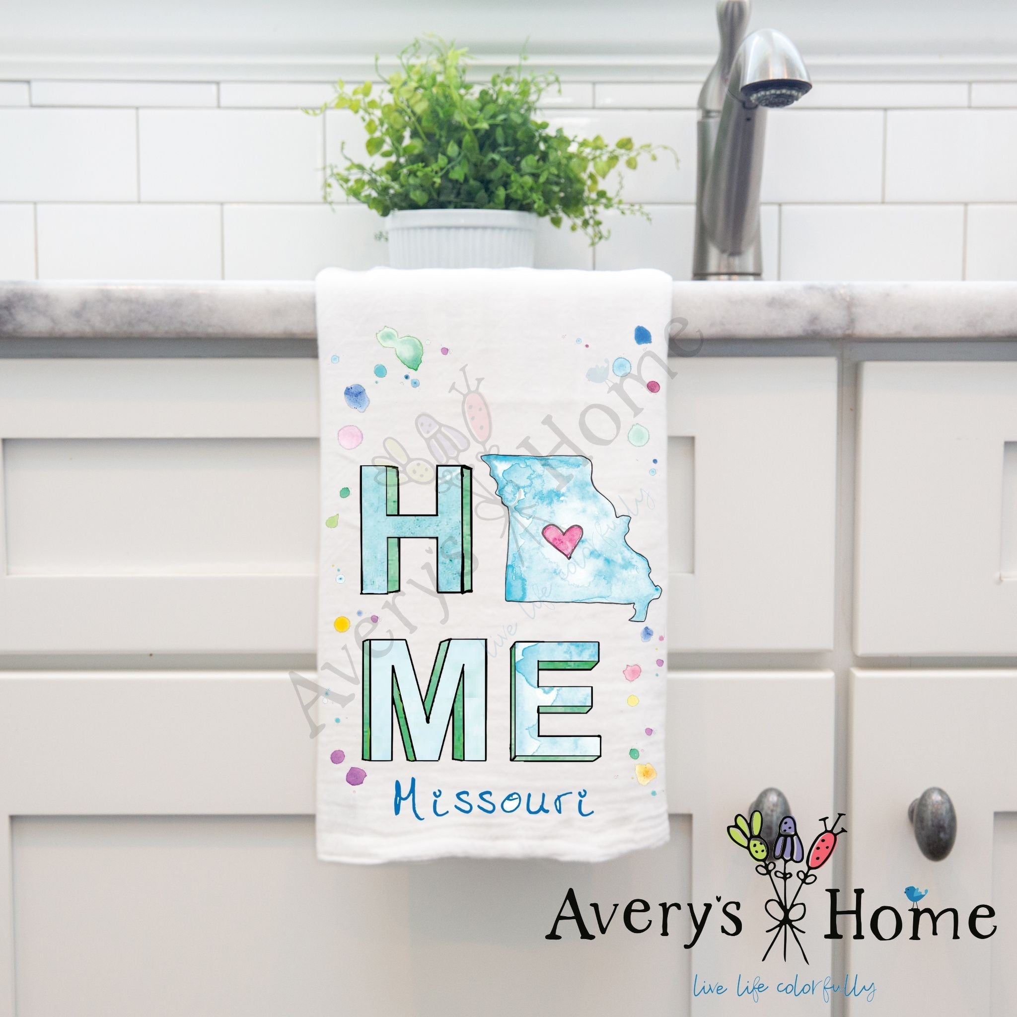 HOME in Missouri dish towel hanging by kitchen sink