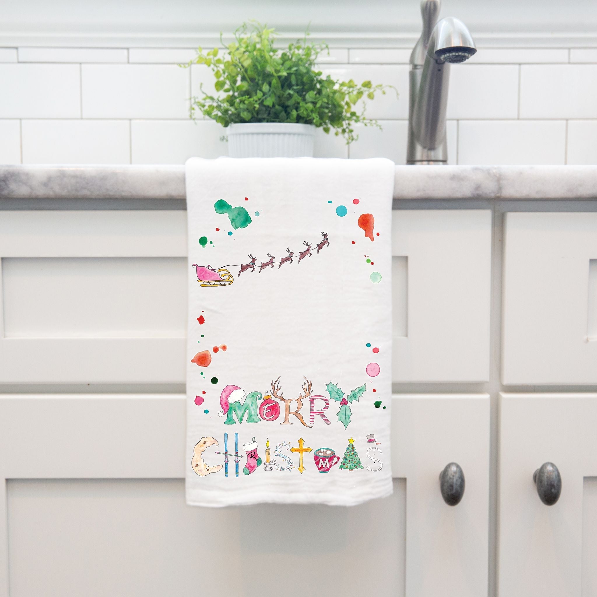 Merry Christmas dish towel, 27x27 flour sack cotton