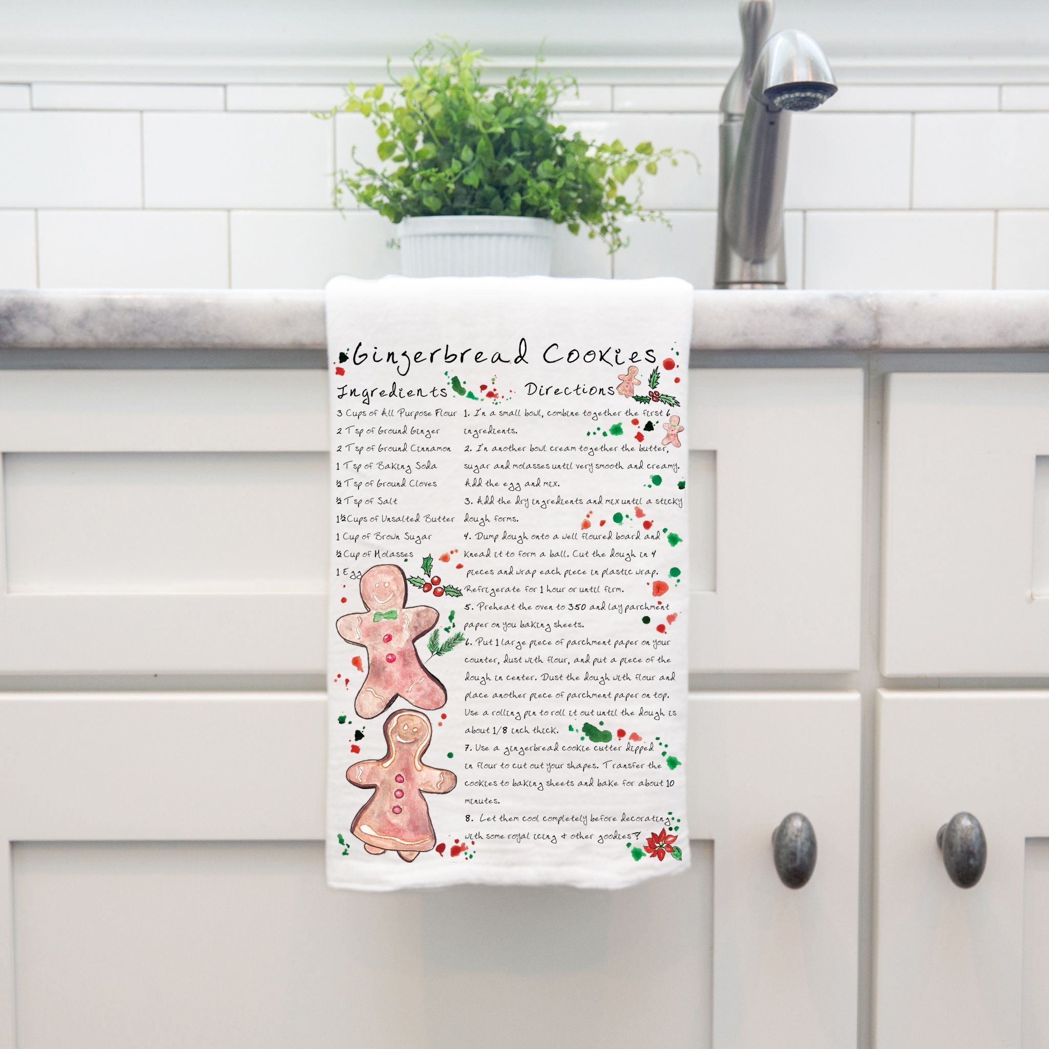 Christmas Gingerbread Man Recipe dish towel hanging by kitchen sink