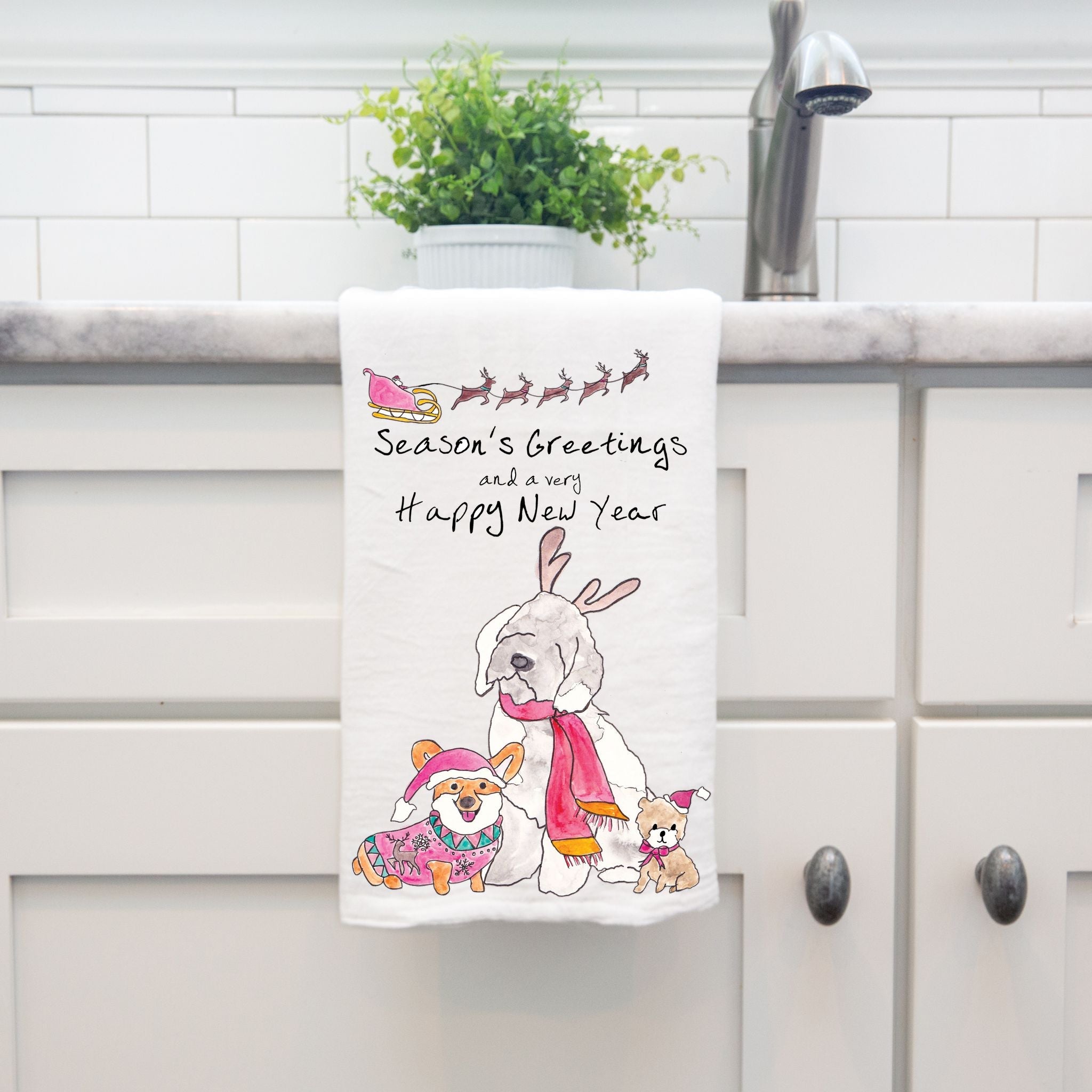Season's Greetings and Happy New Year dish towel, 27x27 flour sack cotton