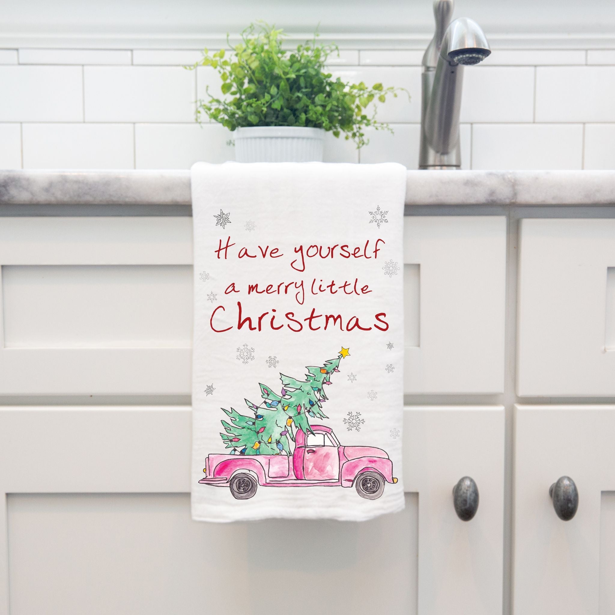 Truck and Christmas Tree dish towel design detail