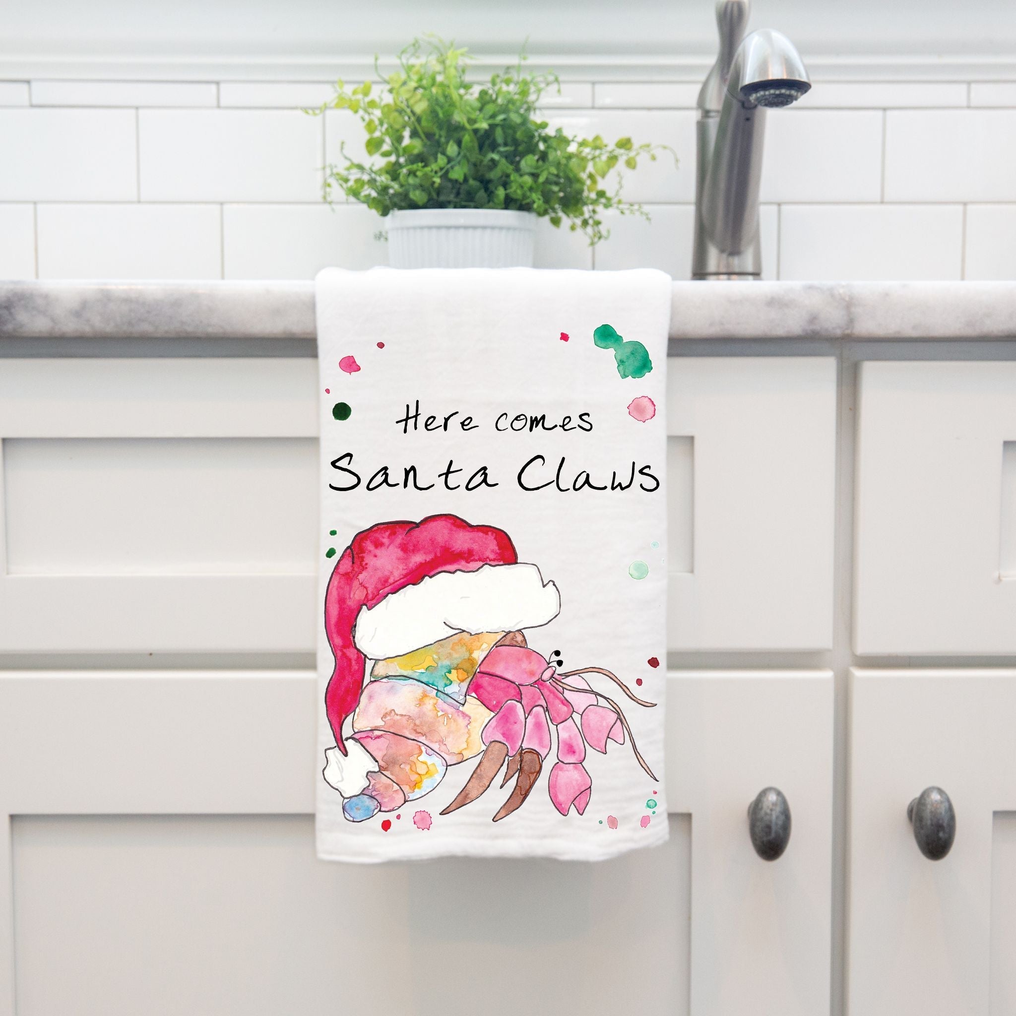 Santa Claws Christmas dish towel, 27x27 flour sack cotton