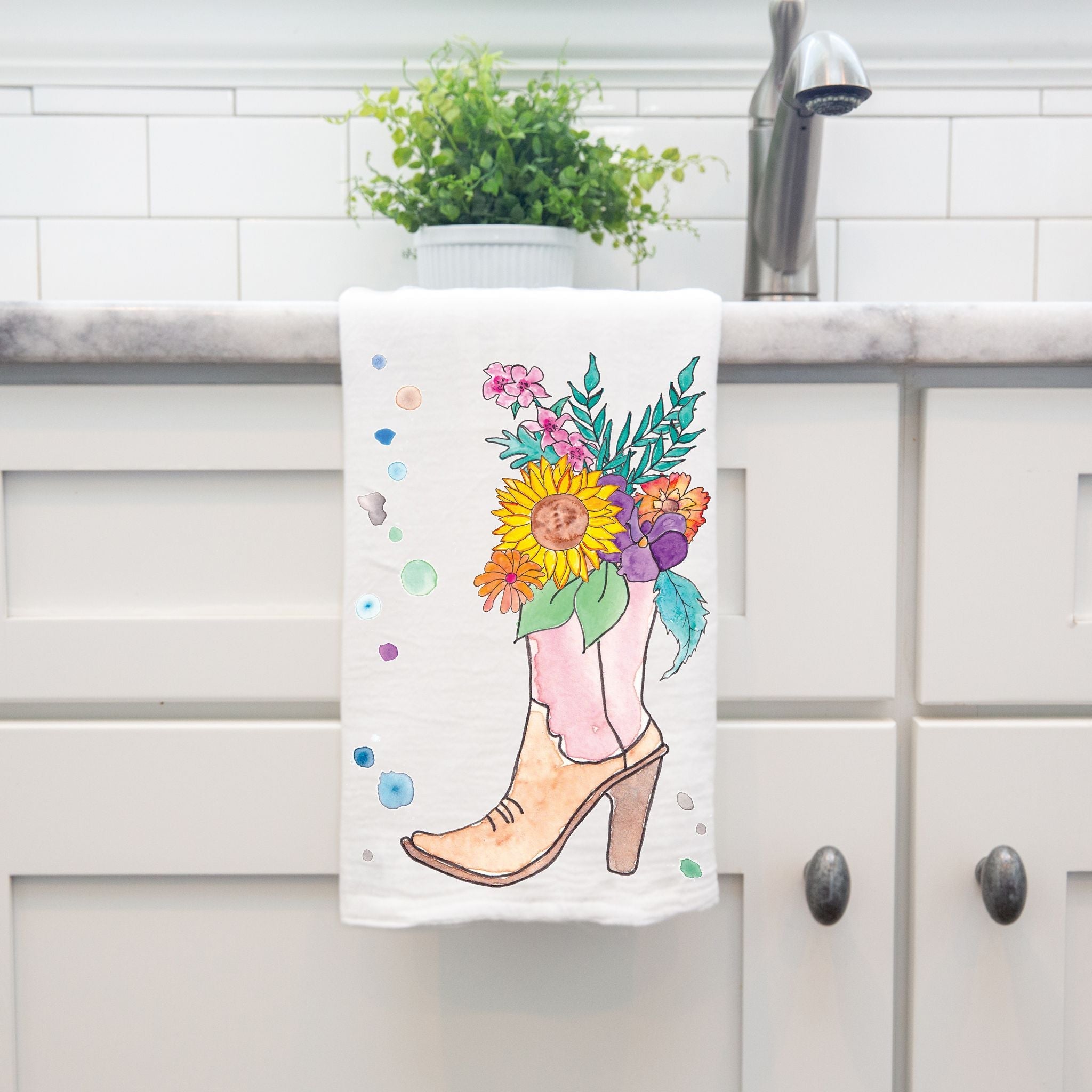 Red Cowgirl Boots and Flowers dish towel, 27x27 flour sack cotton