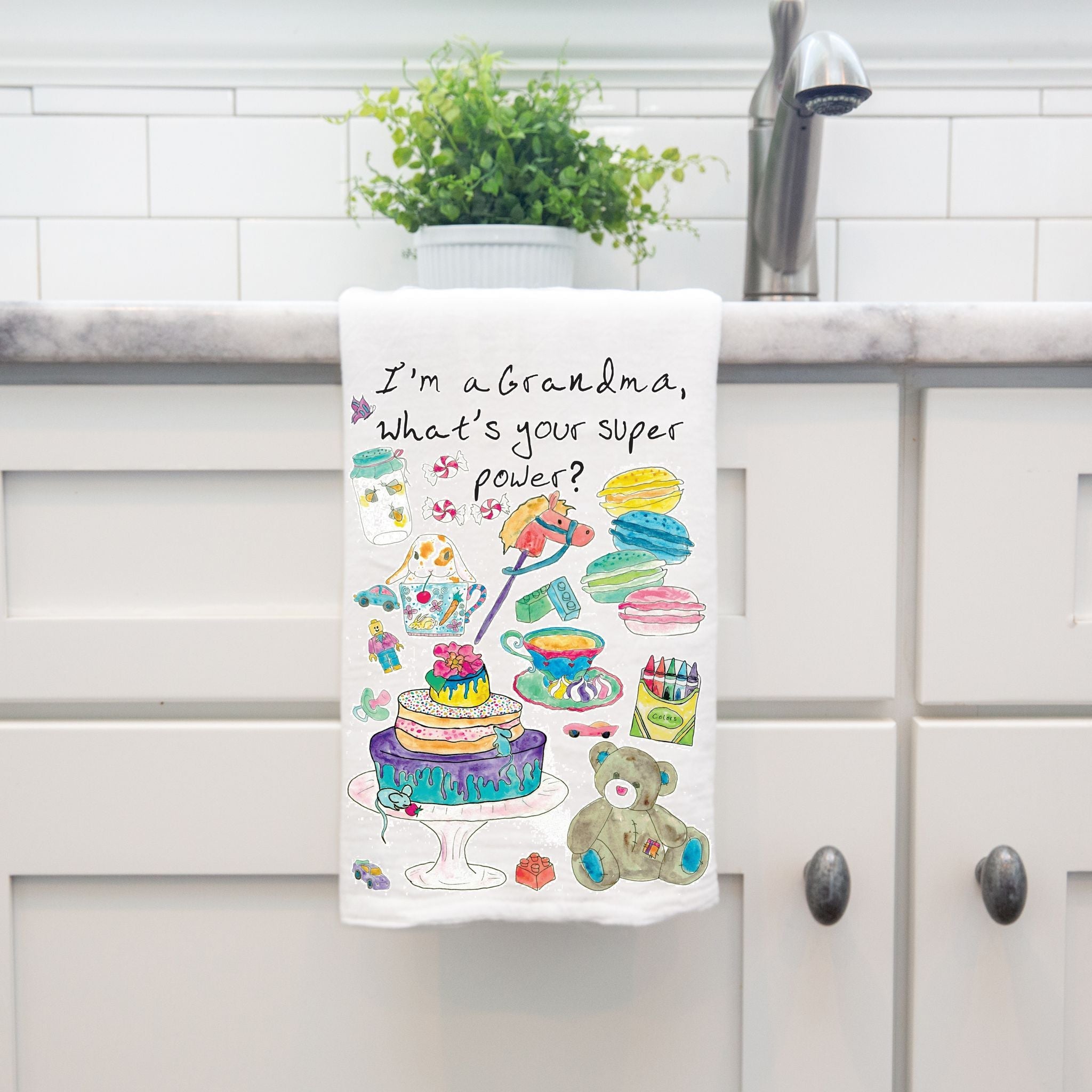I'm a Grandma dish towel hanging by kitchen sink